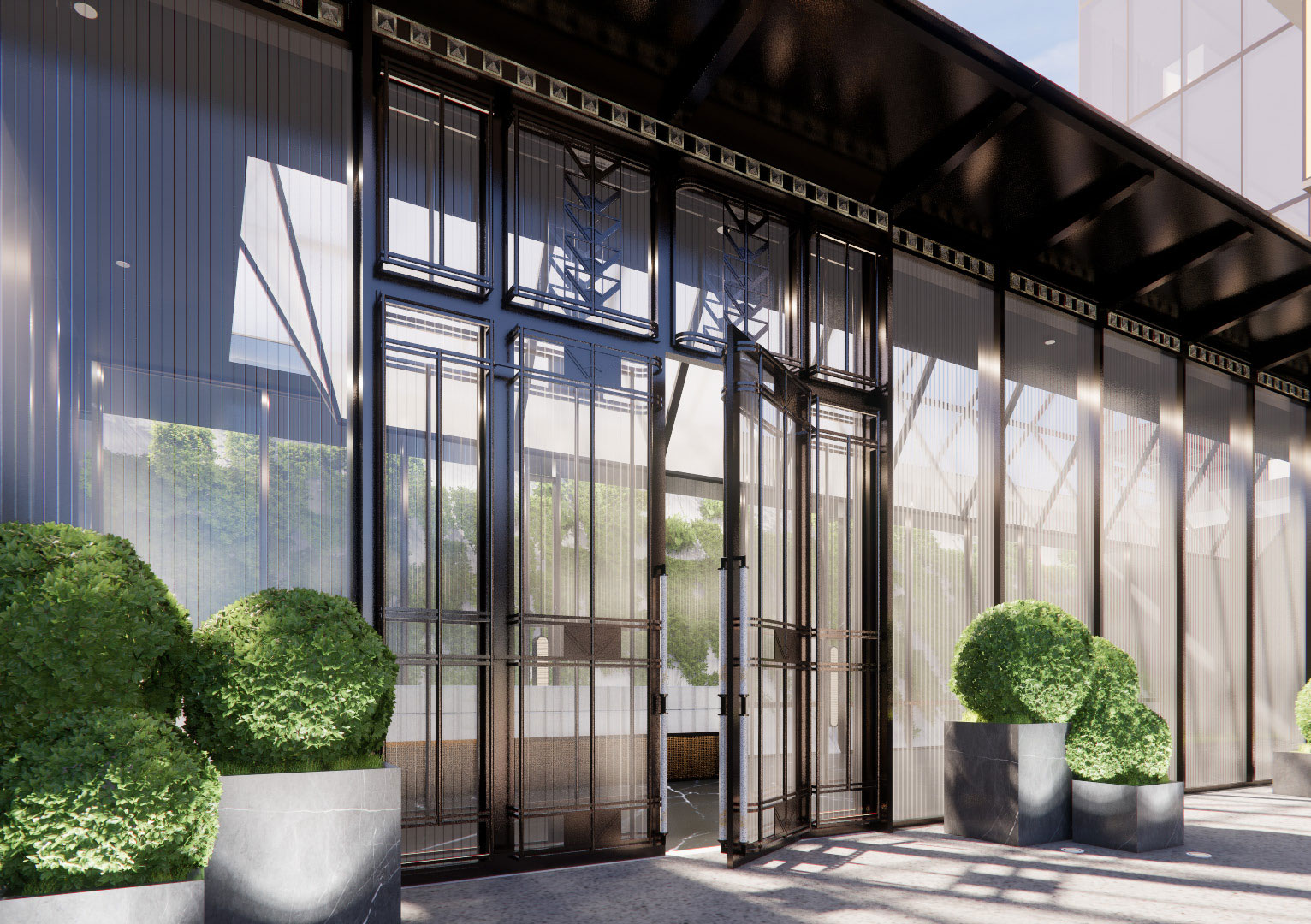 Modern glass entrance of a luxury hotel with tall doors and geometric designs, flanked by lush green bushes in sleek planters, creating an inviting, upscale atmosphere.