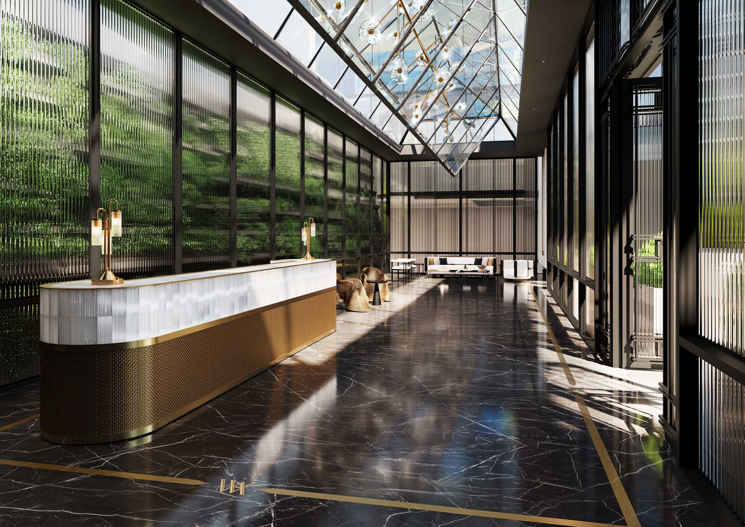 Luxurious hotel lobby with a sleek marble floor, modern white and gold reception desk, and large skylight. Natural greenery and opulent lighting add elegance.
