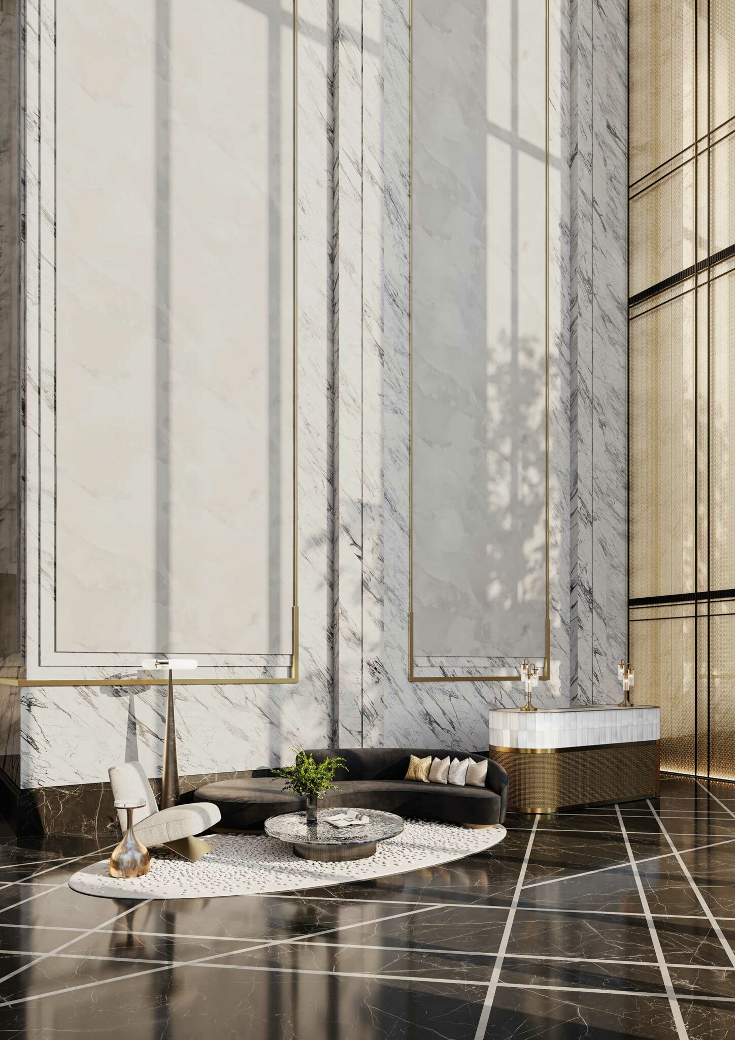 Luxurious marble-floored hotel lobby with tall marble walls and large windows. Features a curved sofa, modern chair, round rug, and side reception counter. Elegant and sophisticated atmosphere.