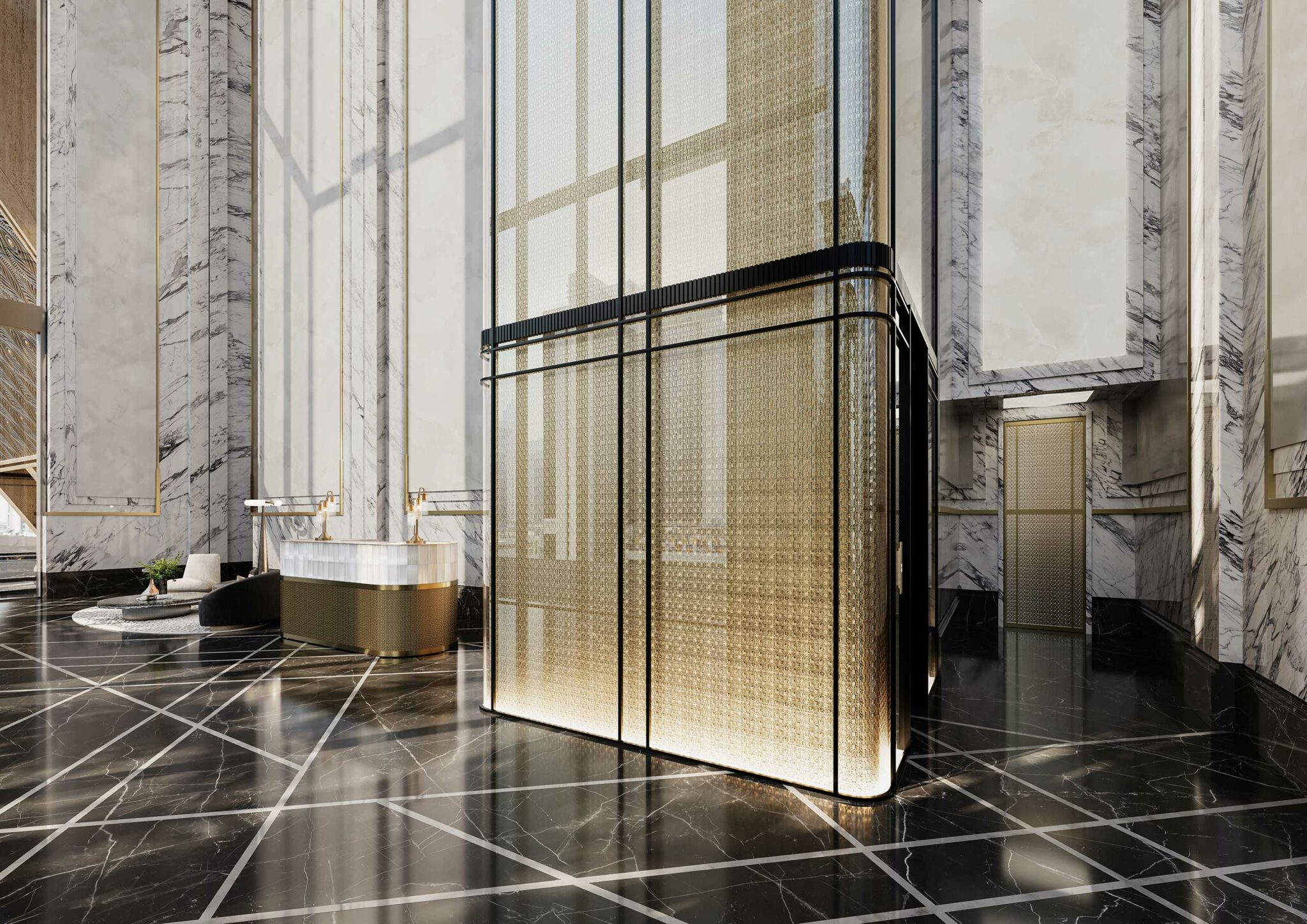 Luxurious, modern residential lobby with marble walls, geometric black marble floor, and a large, illuminated elevator. Sleek, sophisticated ambiance.