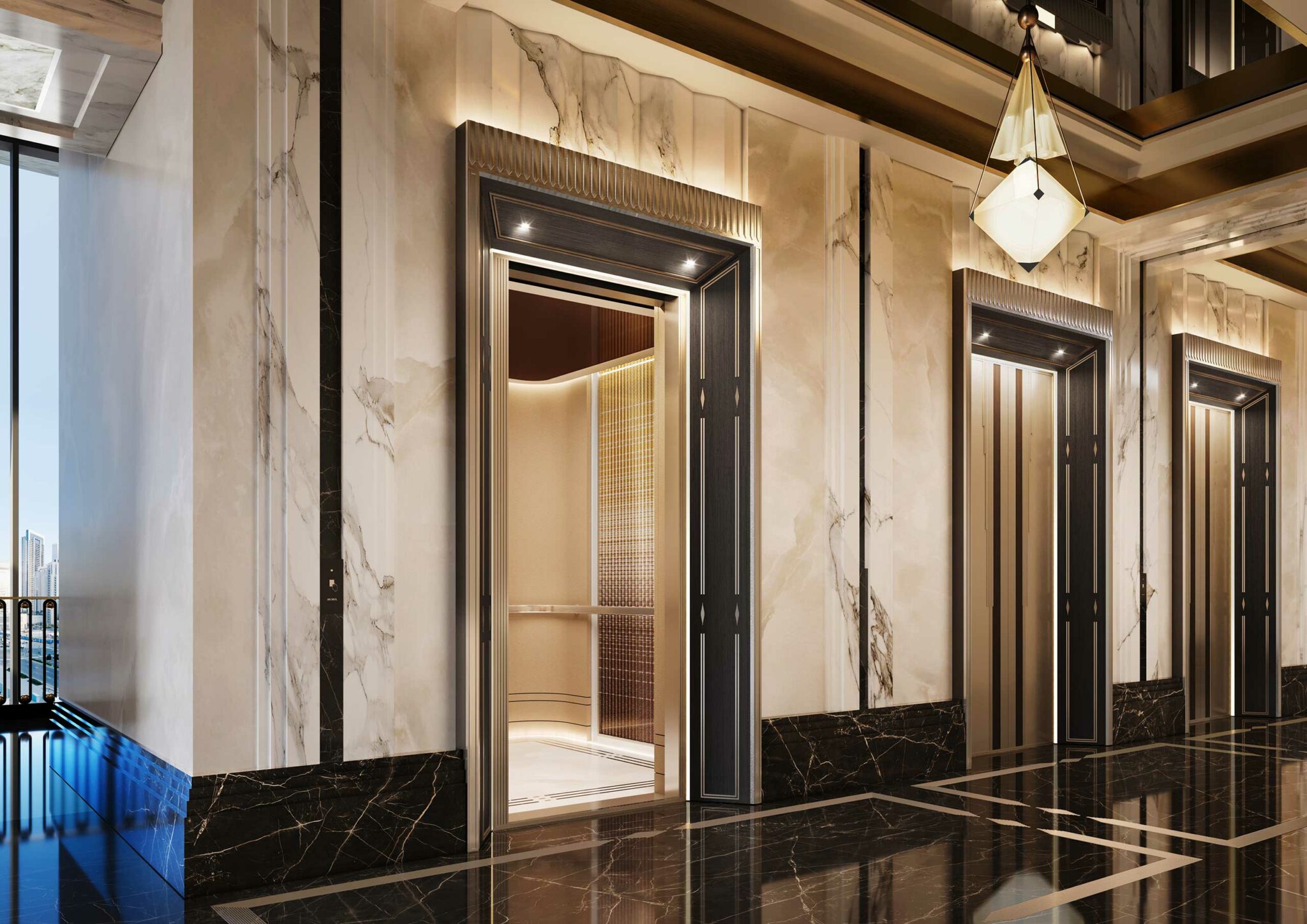 Luxurious hallway with marble walls and floors, featuring three open elevator doors. The lighting is warm, and the mood is elegant and sophisticated.