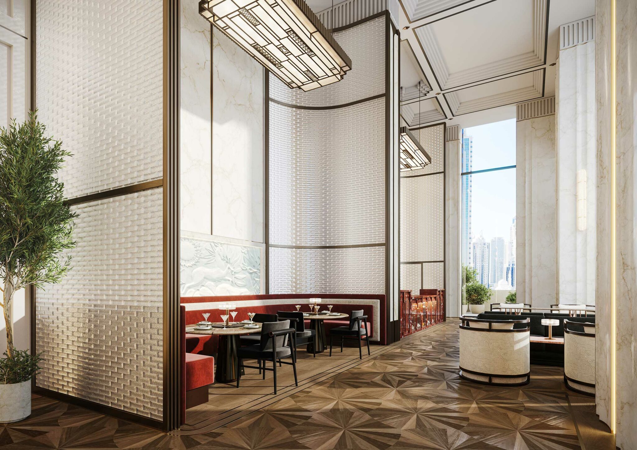 Luxurious restaurant of a luxury residential development with high ceilings, elegant chandeliers, and red booths. Glass panels create a sophisticated ambiance, cityscape visible through windows.