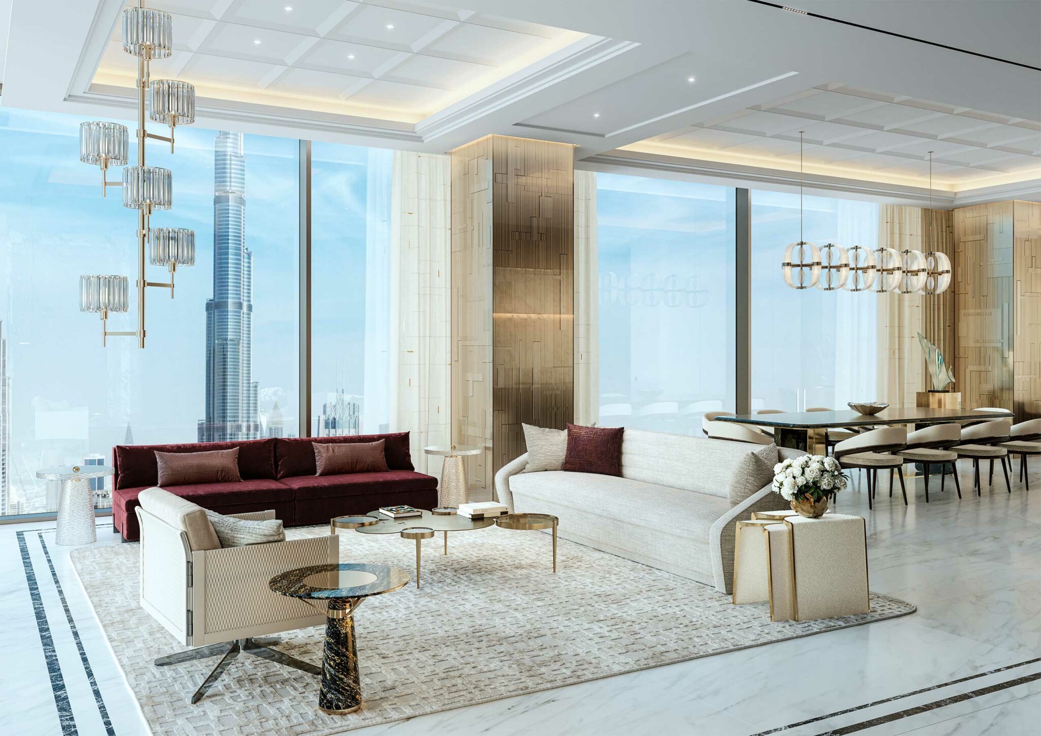 Luxurious living room with large windows revealing a cityscape. Features elegant sofas, modern chandeliers, a polished dining area, and soft lighting.