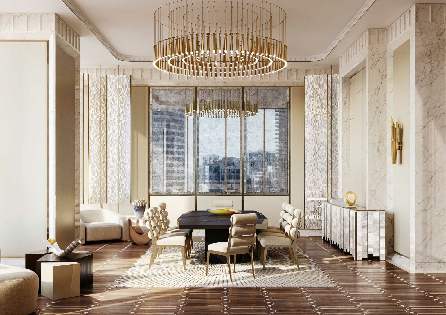Elegant dining room with a large chandelier, modern beige chairs around a dark table, marble walls, and tall windows showing a cityscape. Luxurious ambiance.