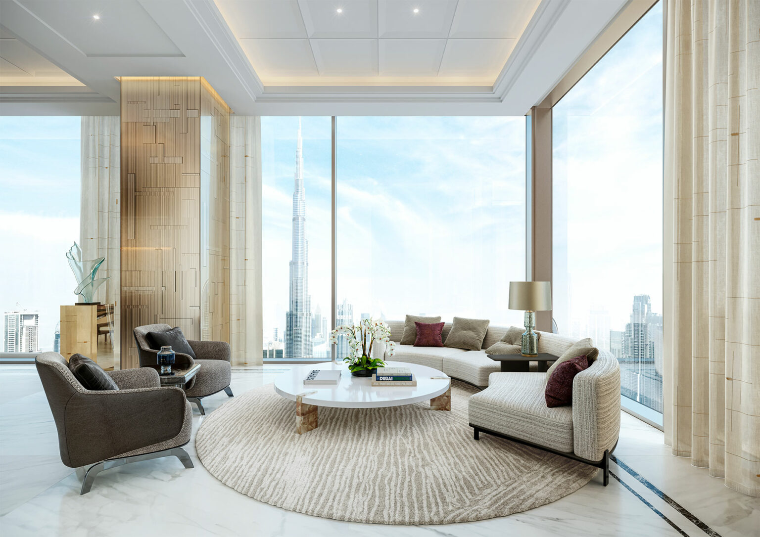 Luxurious living room with large windows showcasing Dubai's skyline. Neutral-toned furniture, round coffee table, and elegant decor create a modern and airy feel.