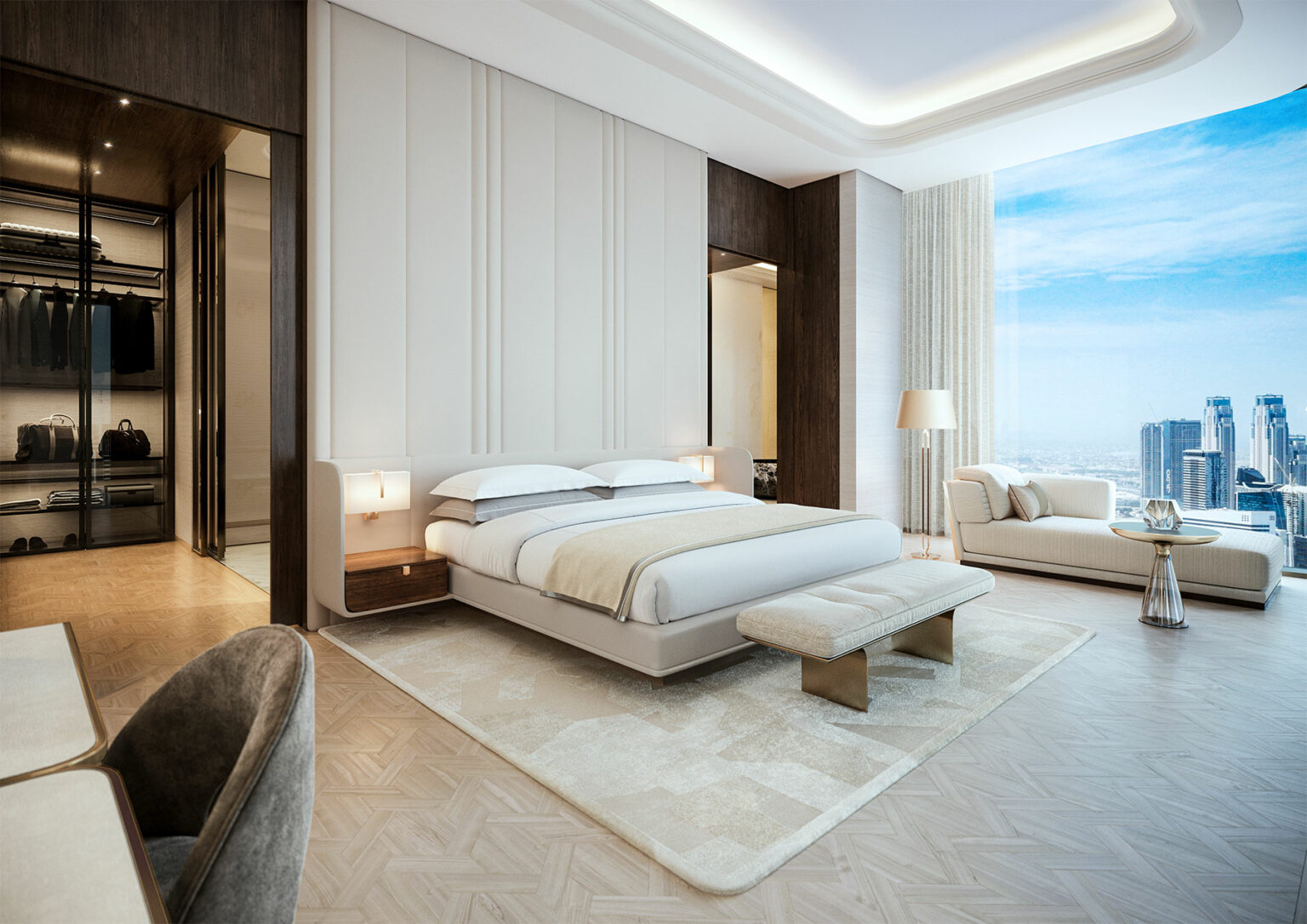 Luxurious bedroom with a large bed, soft lighting, a plush rug, and floor-to-ceiling windows revealing Dubai's skyline. Modern, serene atmosphere.