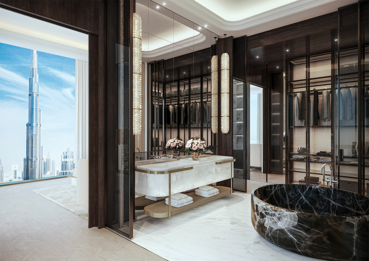 Luxurious walk-in closet with dark wood, elegant lighting, a marble sink, and a view of Dubai's Burj Khalifa through a large window. Sophisticated and opulent.