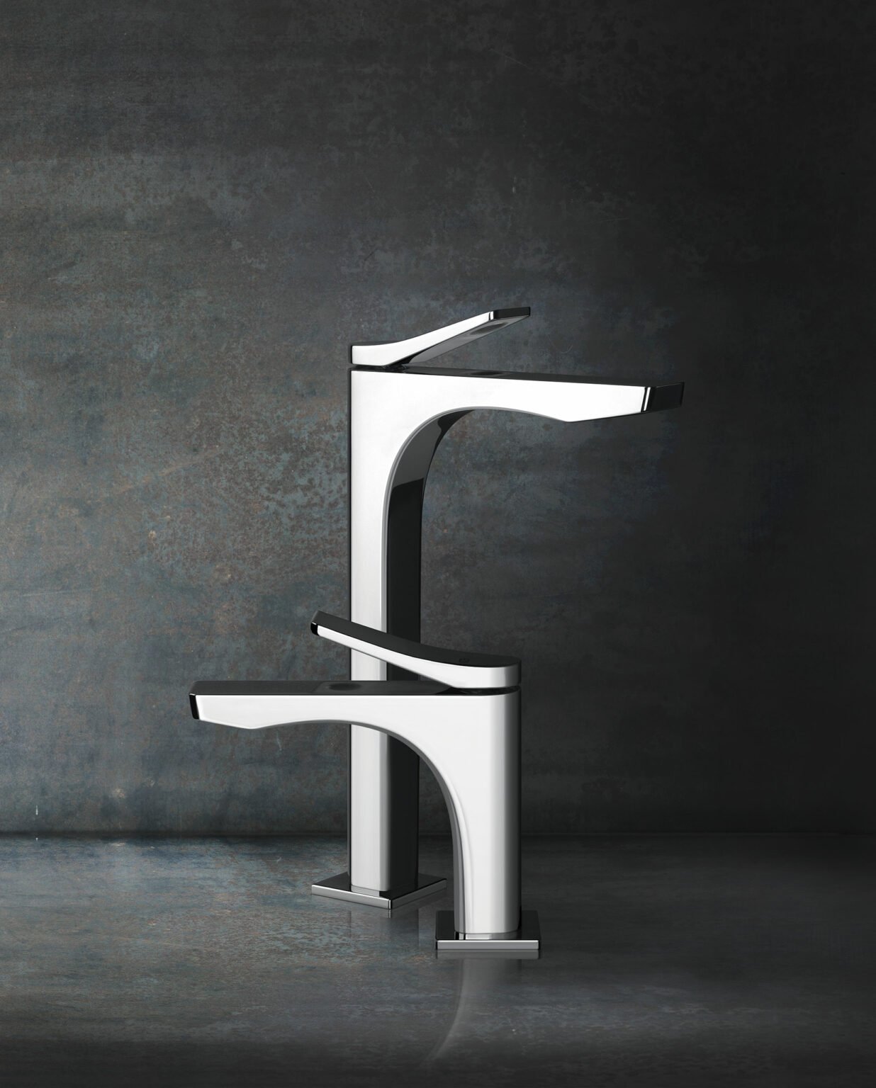 Two sleek, chrome faucets with modern, angular designs are set against a textured, dark background. The image conveys elegance and contemporary style.