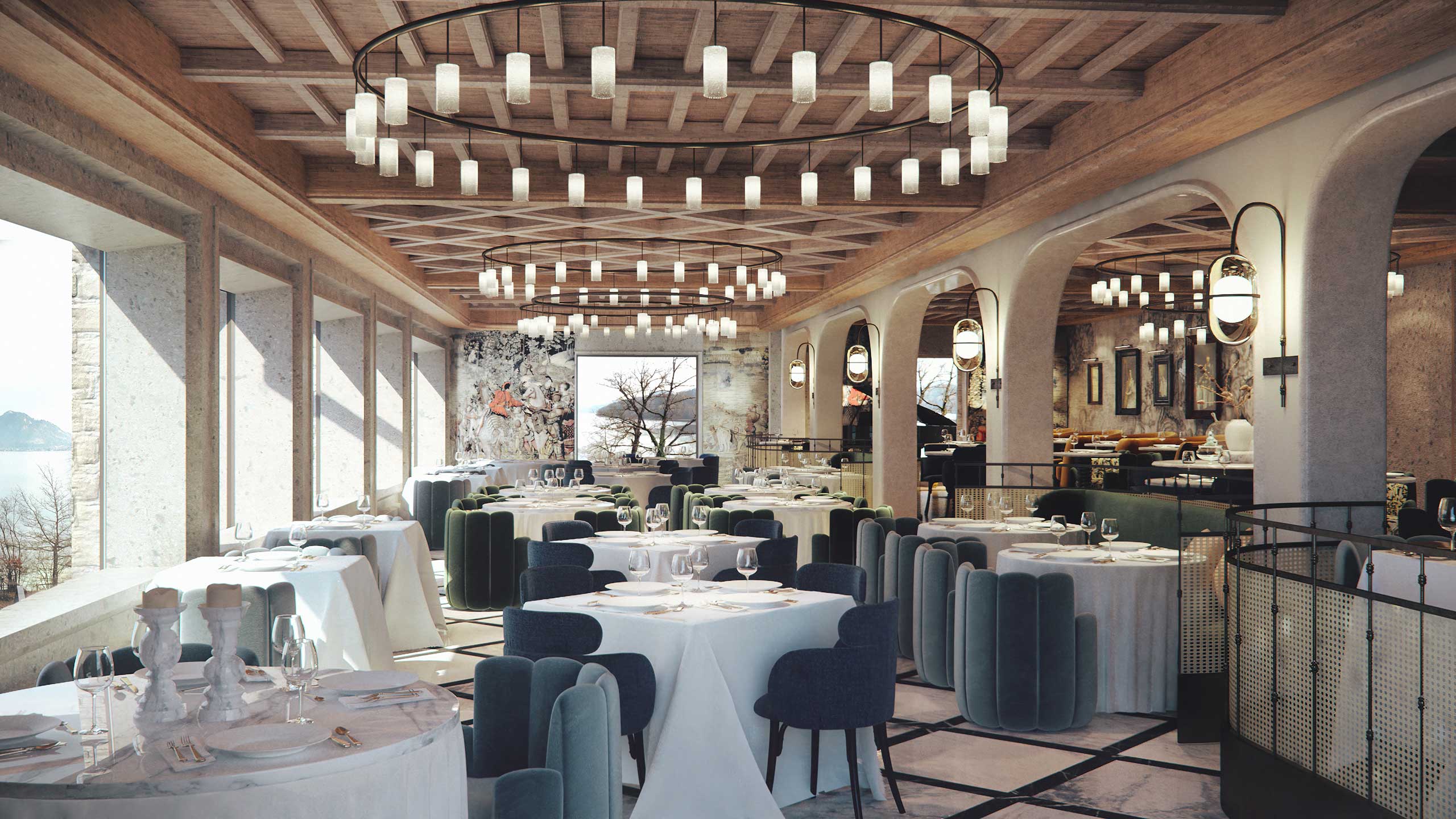 Elegant restaurant interior with round tables, velvet chairs, and hanging cylindrical lights. A large window reveals a serene, tree-lined view.