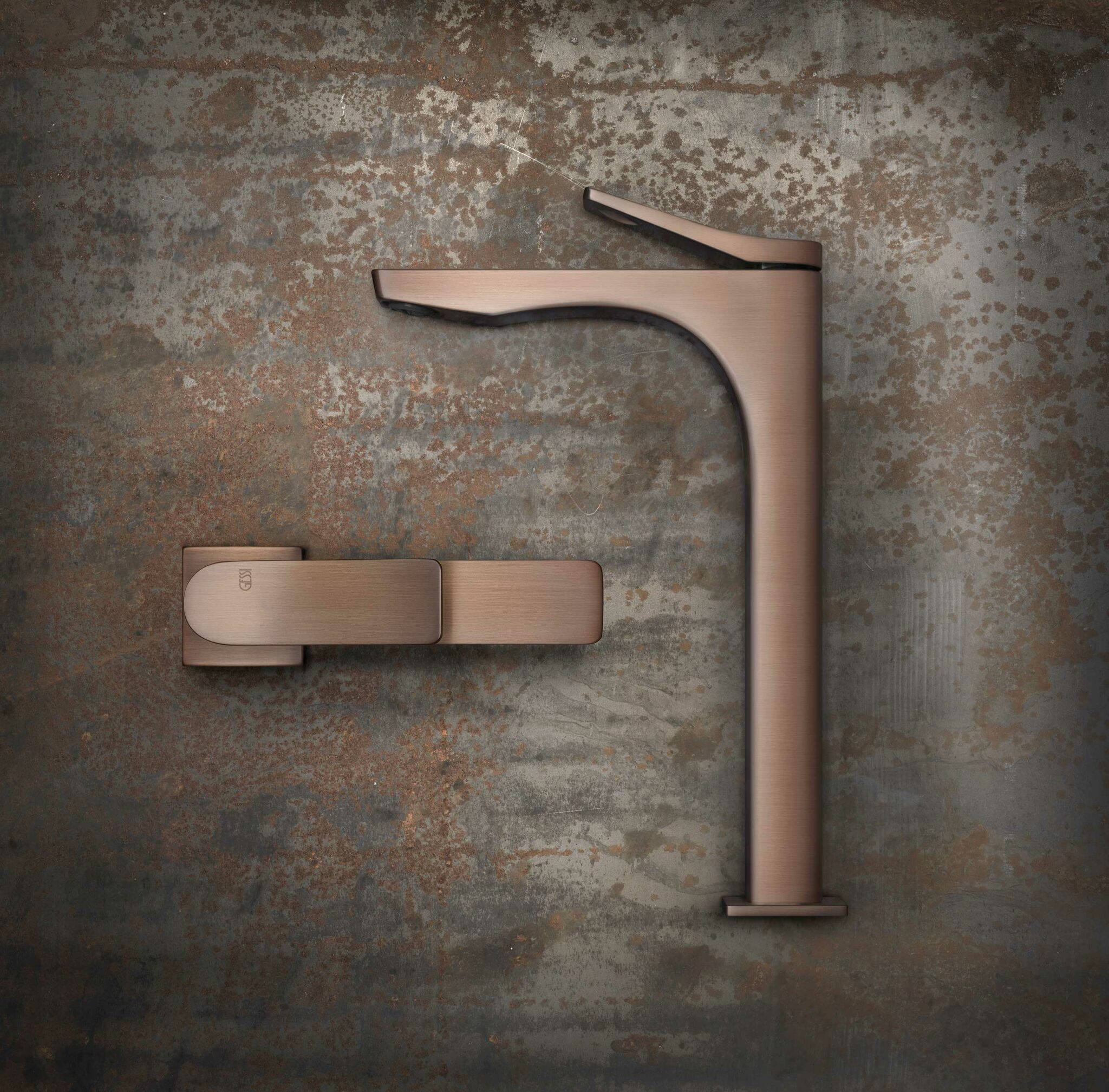 Copper-colored faucet with a sleek, modern design set against a rustic, textured background. The image conveys elegance and industrial style.