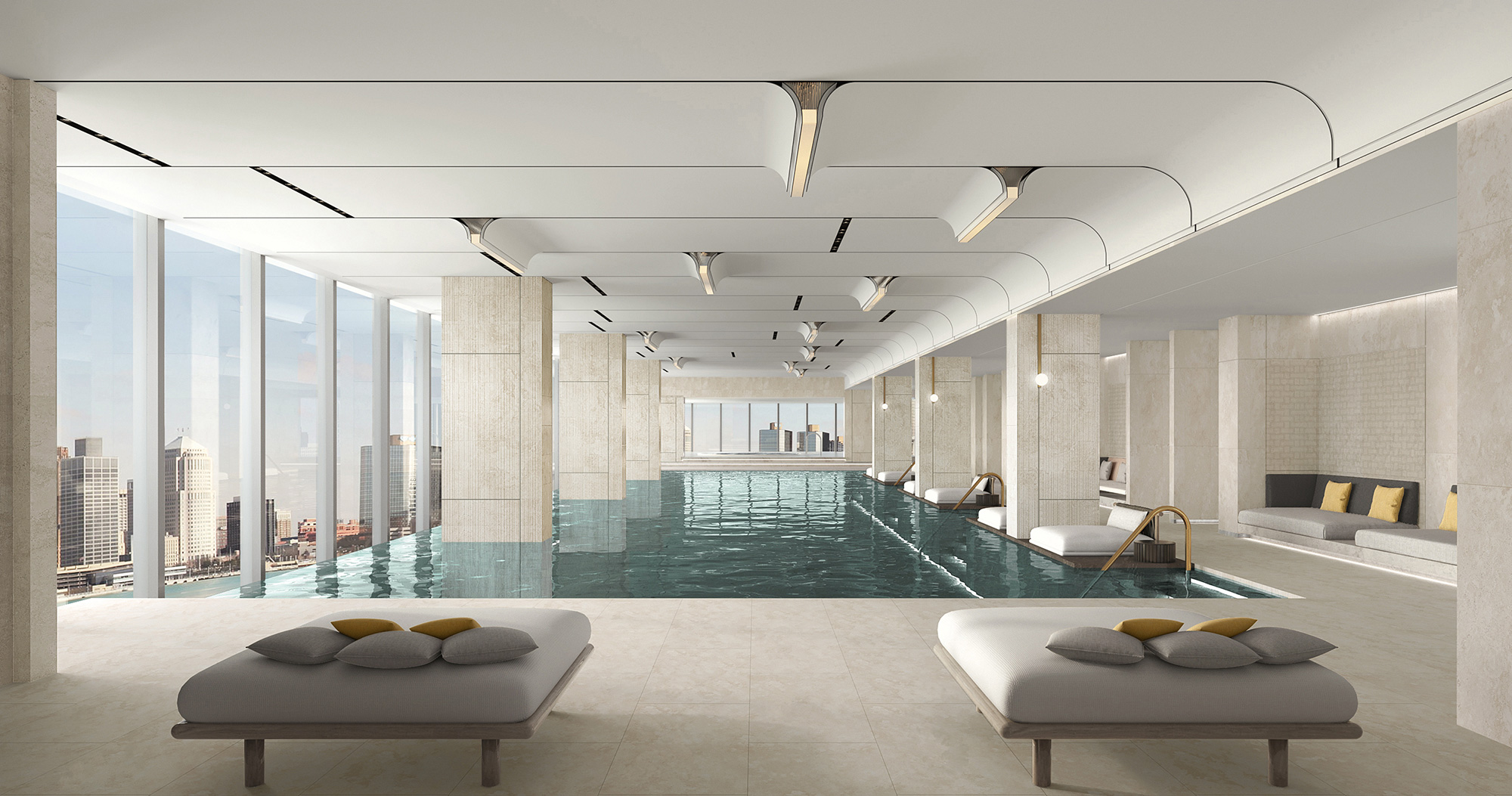 Luxurious indoor pool with modern design. Large windows reveal a cityscape view. Minimalist lounge chairs with cushions line the serene space.
