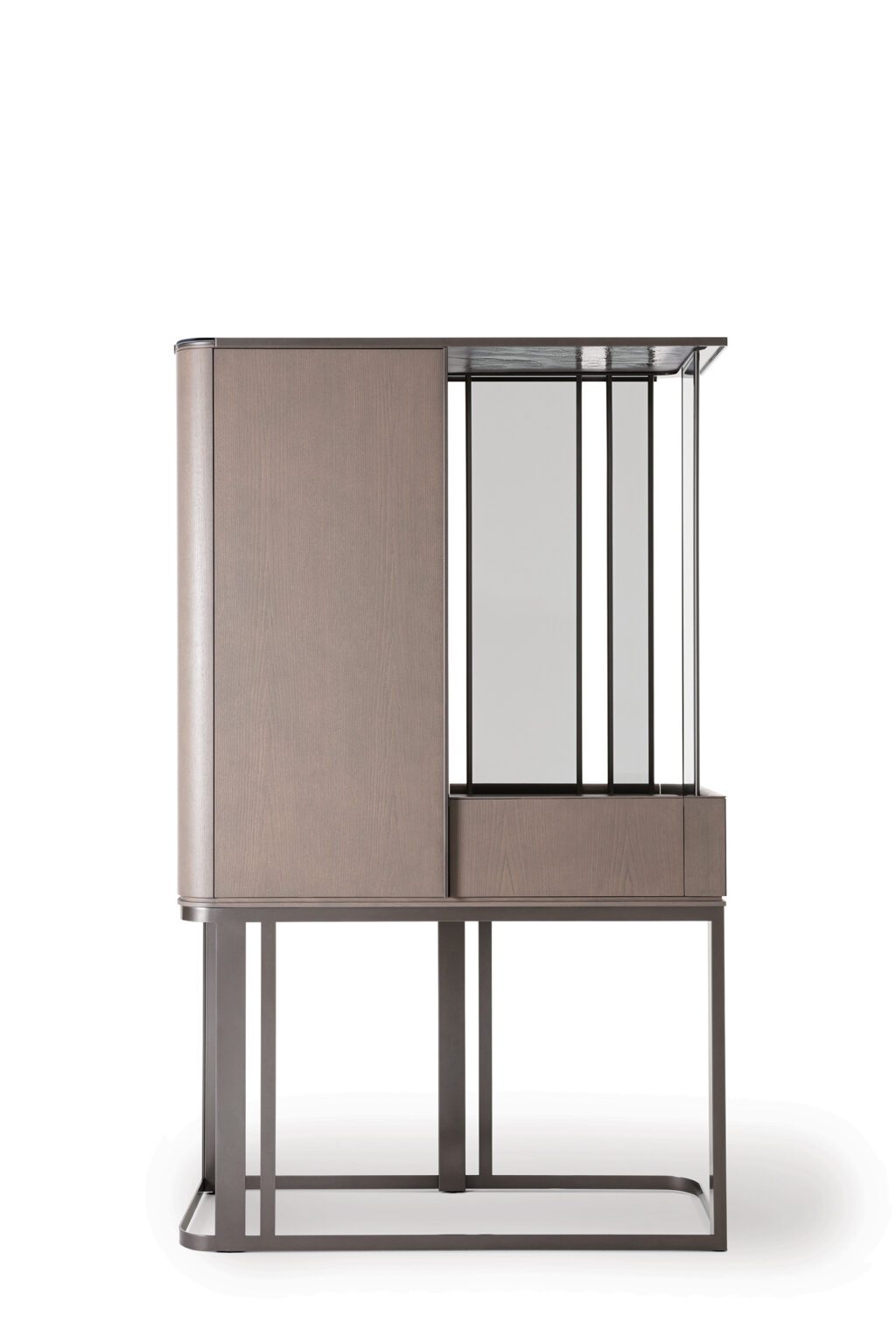 Modern brown cabinet on a minimalist metal frame, featuring sleek vertical glass panels.