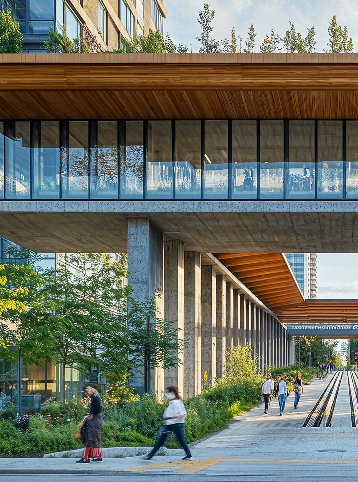 Modern urban architecture with glass buildings, green trees, and people walking on a pathway. The scene feels open, vibrant, and lively.