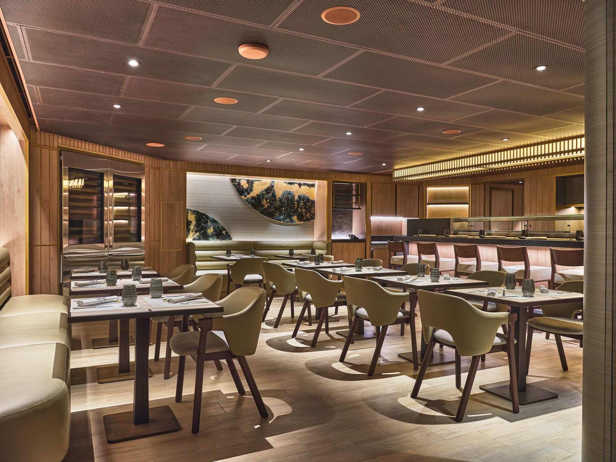 Modern cruise restaurant interior with wooden decor, featuring tables and chairs neatly arranged. Warm lighting and artistic wall accents create a cozy, elegant ambiance.