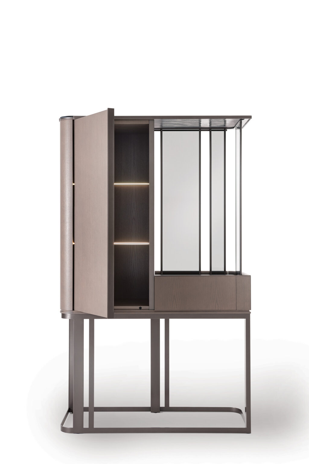 Modern brown cabinet on a minimalist metal frame, featuring a partially open door with internal LED lighting, and sleek vertical glass panels.