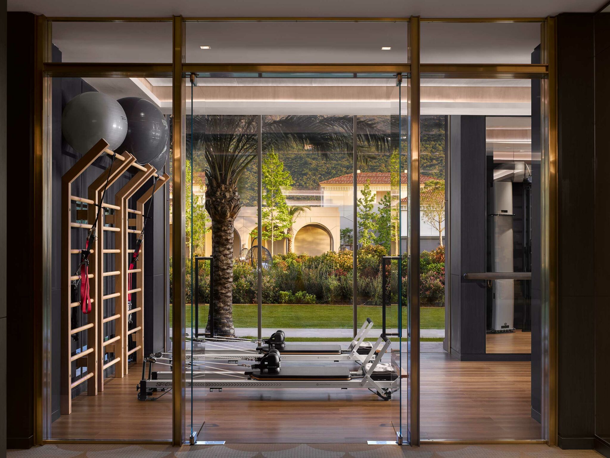 Modern home gym with exercise balls, equipment, and large glass doors open to a garden with a palm tree, creating a serene and inviting atmosphere.