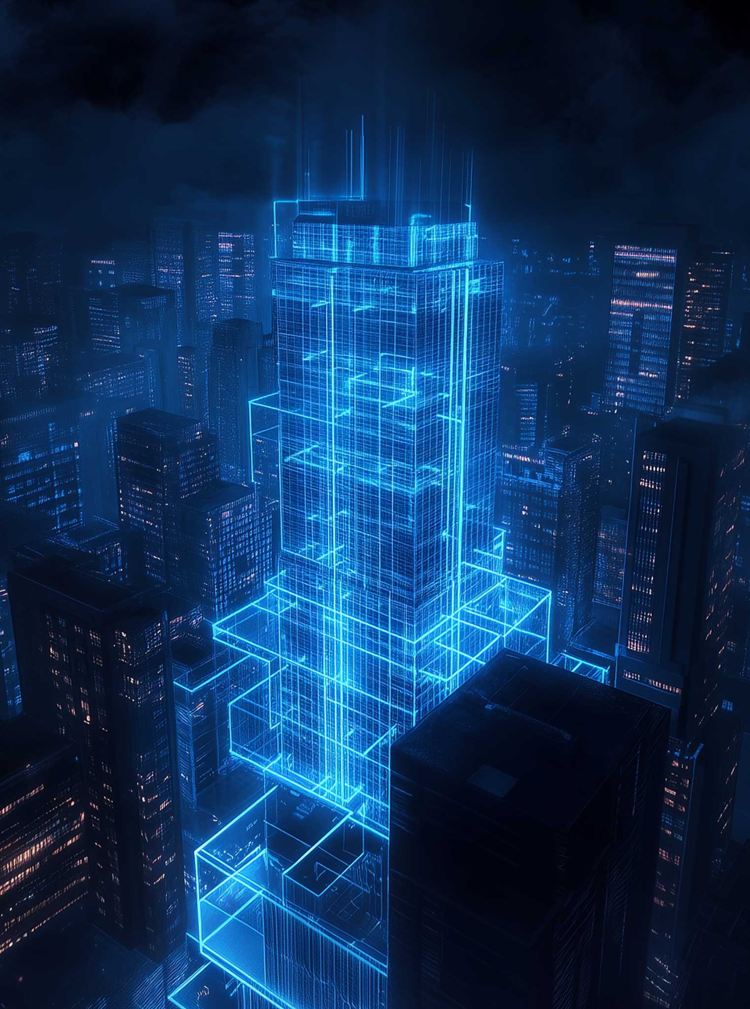 Futuristic cityscape at night, featuring a glowing blue skyscraper with neon outlines. Surrounding buildings create a high-tech, sci-fi ambiance.