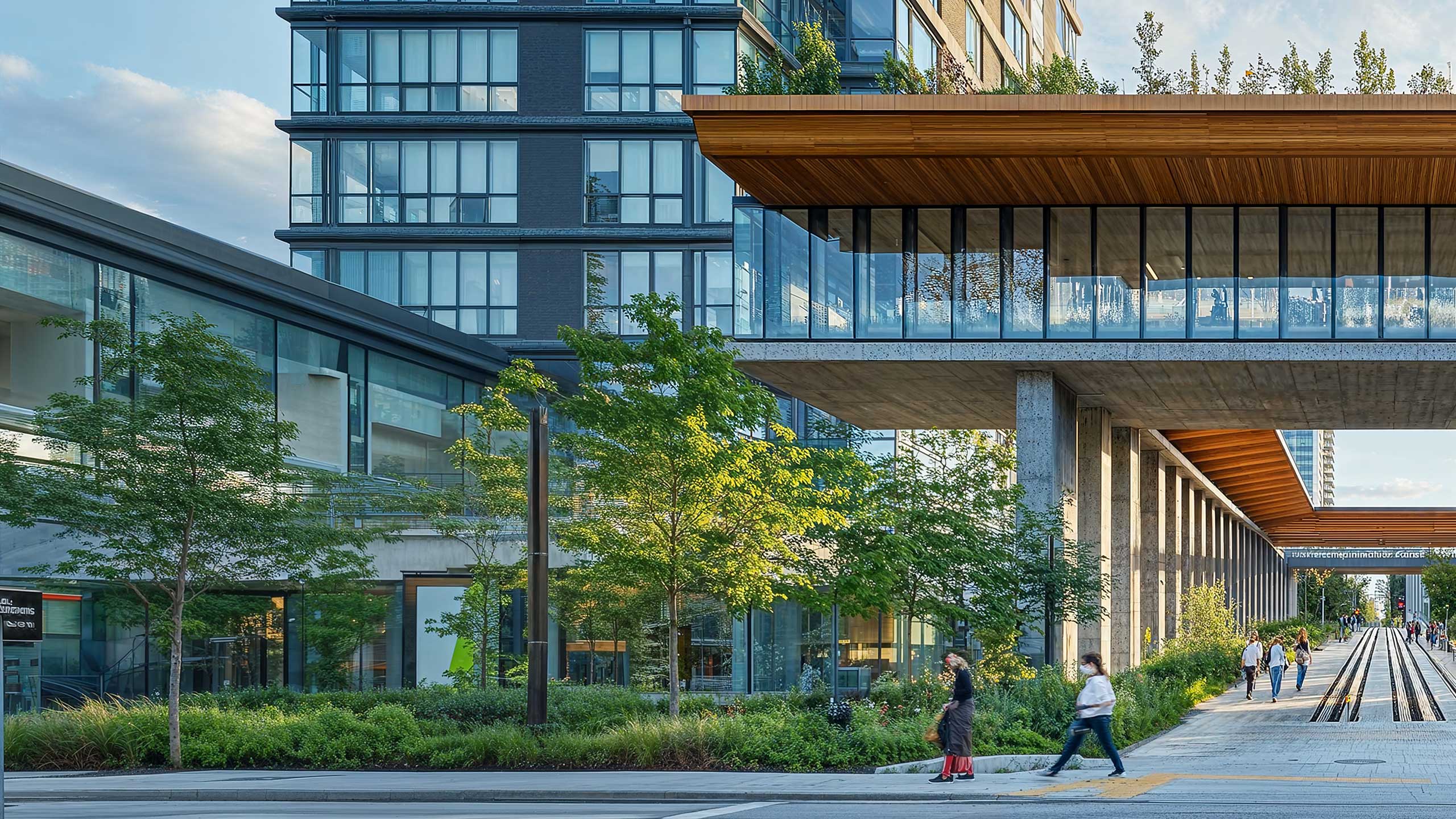 Modern urban architecture with glass buildings, green trees, and people walking on a pathway. The scene feels open, vibrant, and lively.