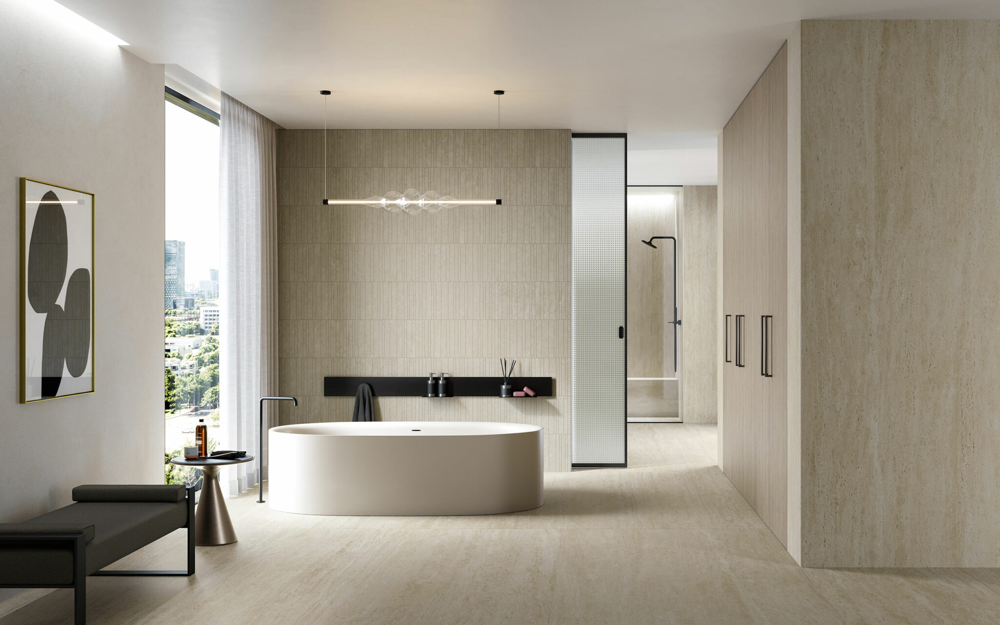 Modern bathroom with a freestanding oval tub, beige tile walls, a large window with sheer curtains, minimalist decor, and a serene, luxurious ambiance.