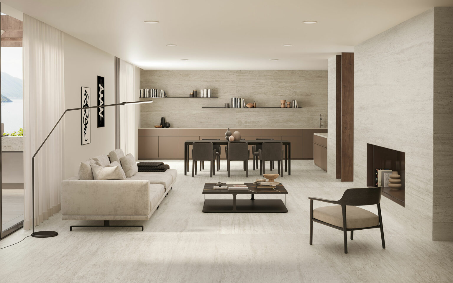 Elegant, minimalist living room with beige tones. Features a plush sofa, modern art, sleek coffee table, dining area, and wall shelves. Calm ambiance.