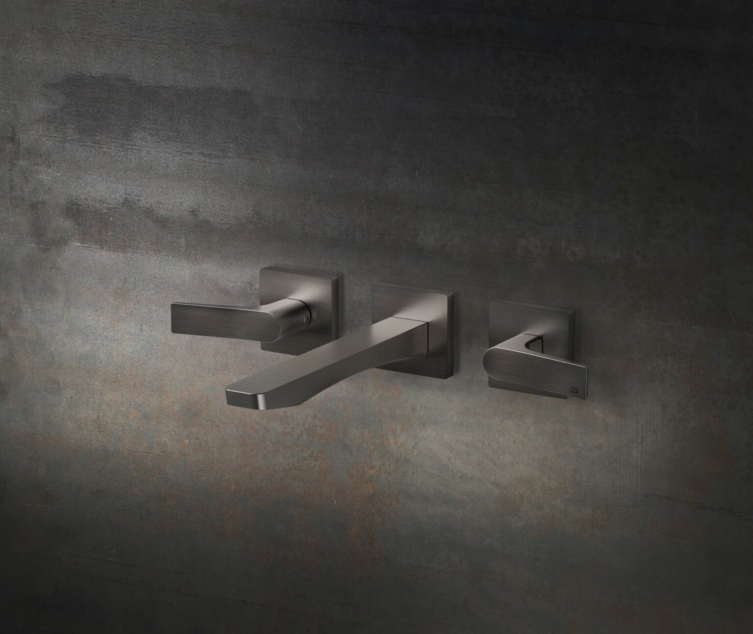 Sleek, modern faucet set against a textured gray wall. Features two handles and a central spout with a brushed metal finish, conveying elegance.