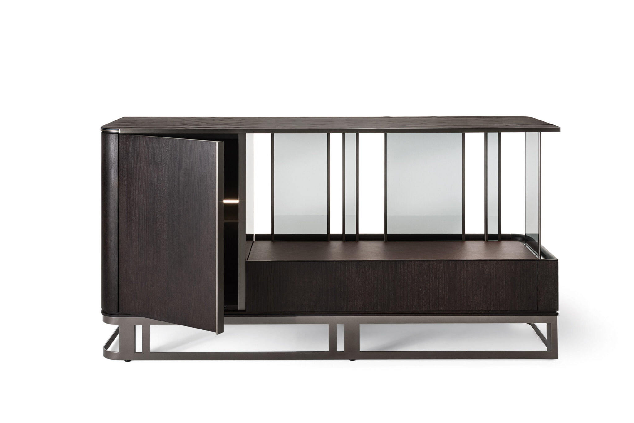 Sleek, modern sideboard with dark wood finish and a partially open cabinet door. Features a reflective top, glass panels, and an open display area. Minimalist and elegant design.