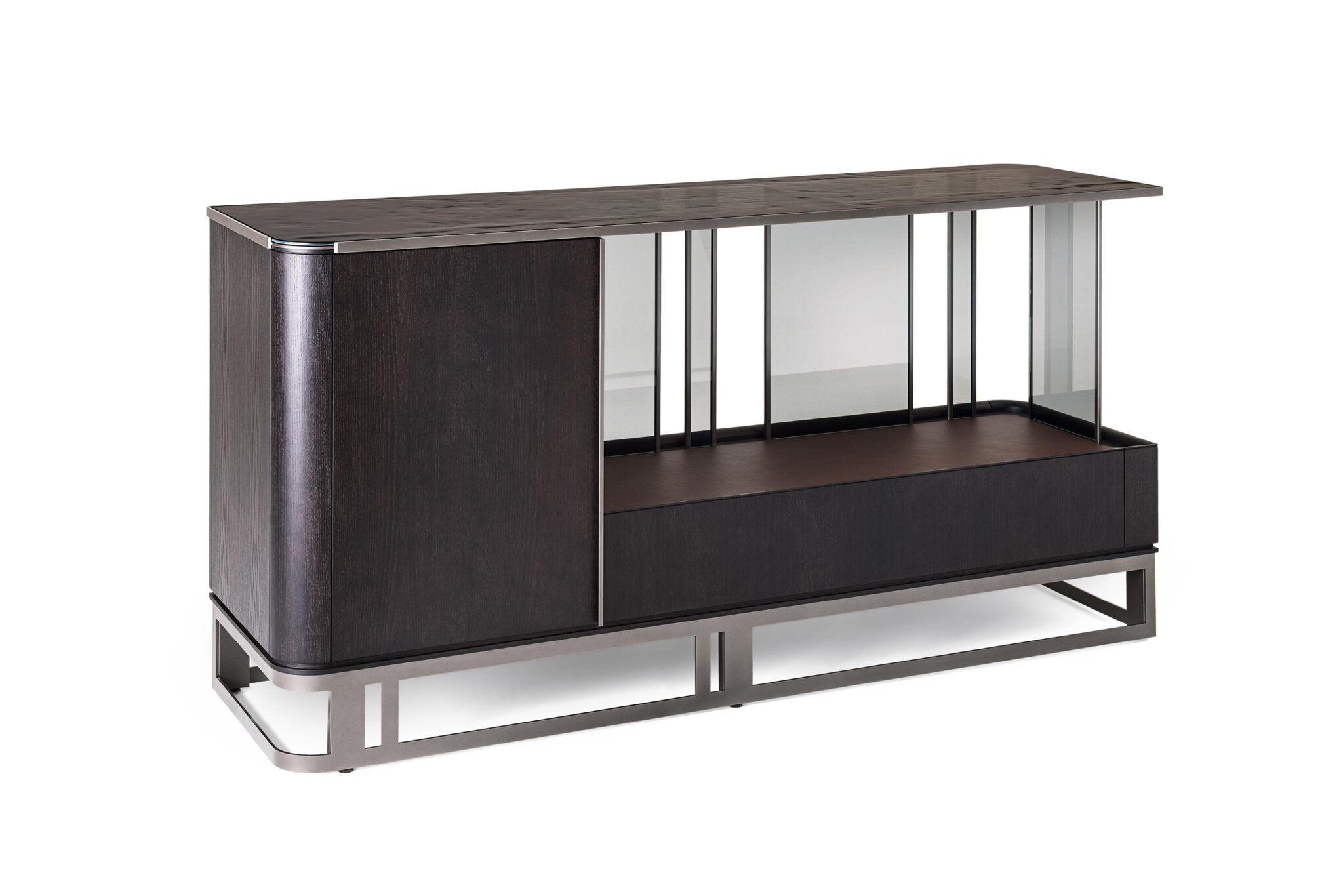 Sleek, modern sideboard with dark wood finish. Features a reflective top, glass panels, and an open display area. Minimalist and elegant design.