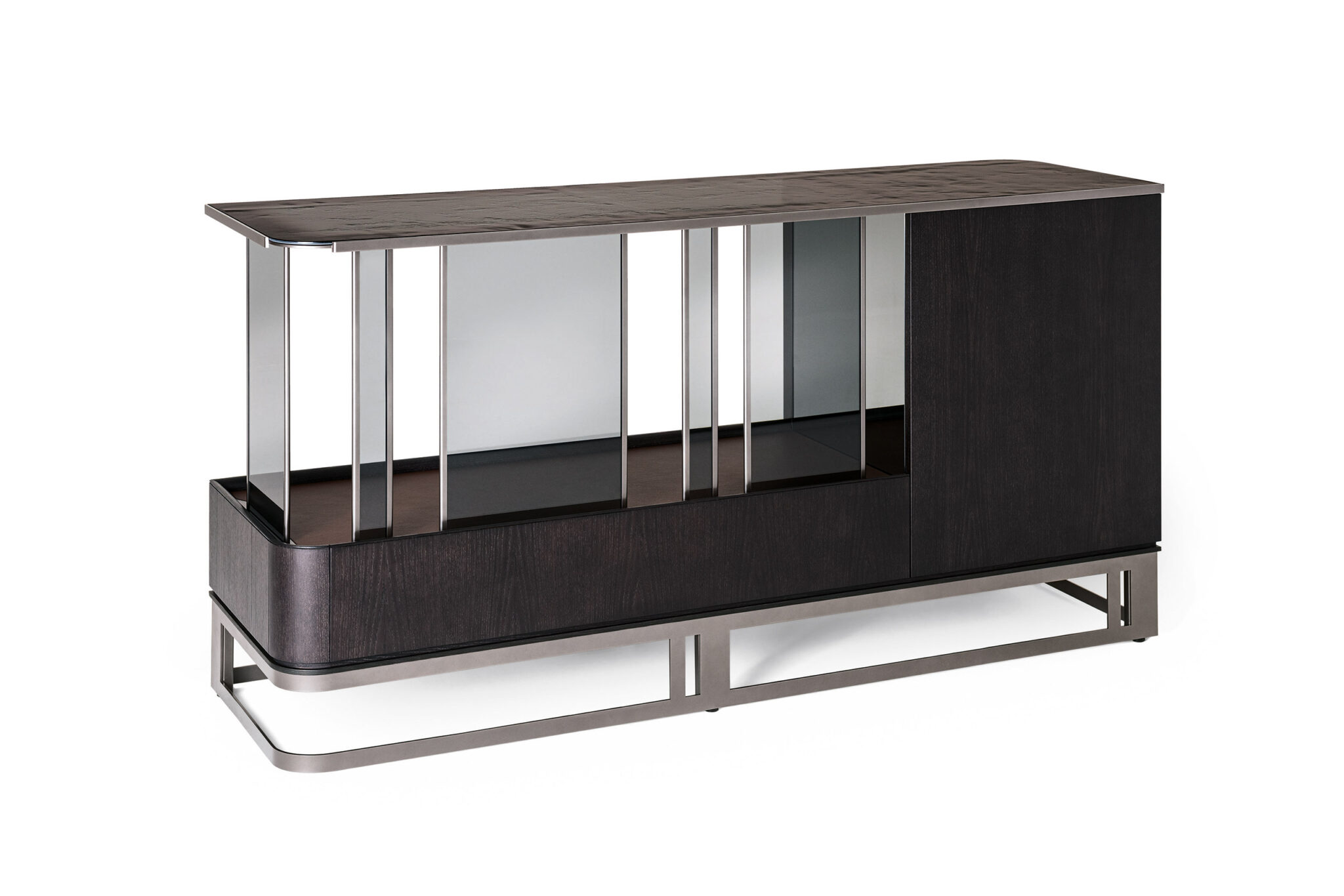 Sleek, modern sideboard with dark wood finish. Features a reflective top, glass panels, and an open display area. Minimalist and elegant design.