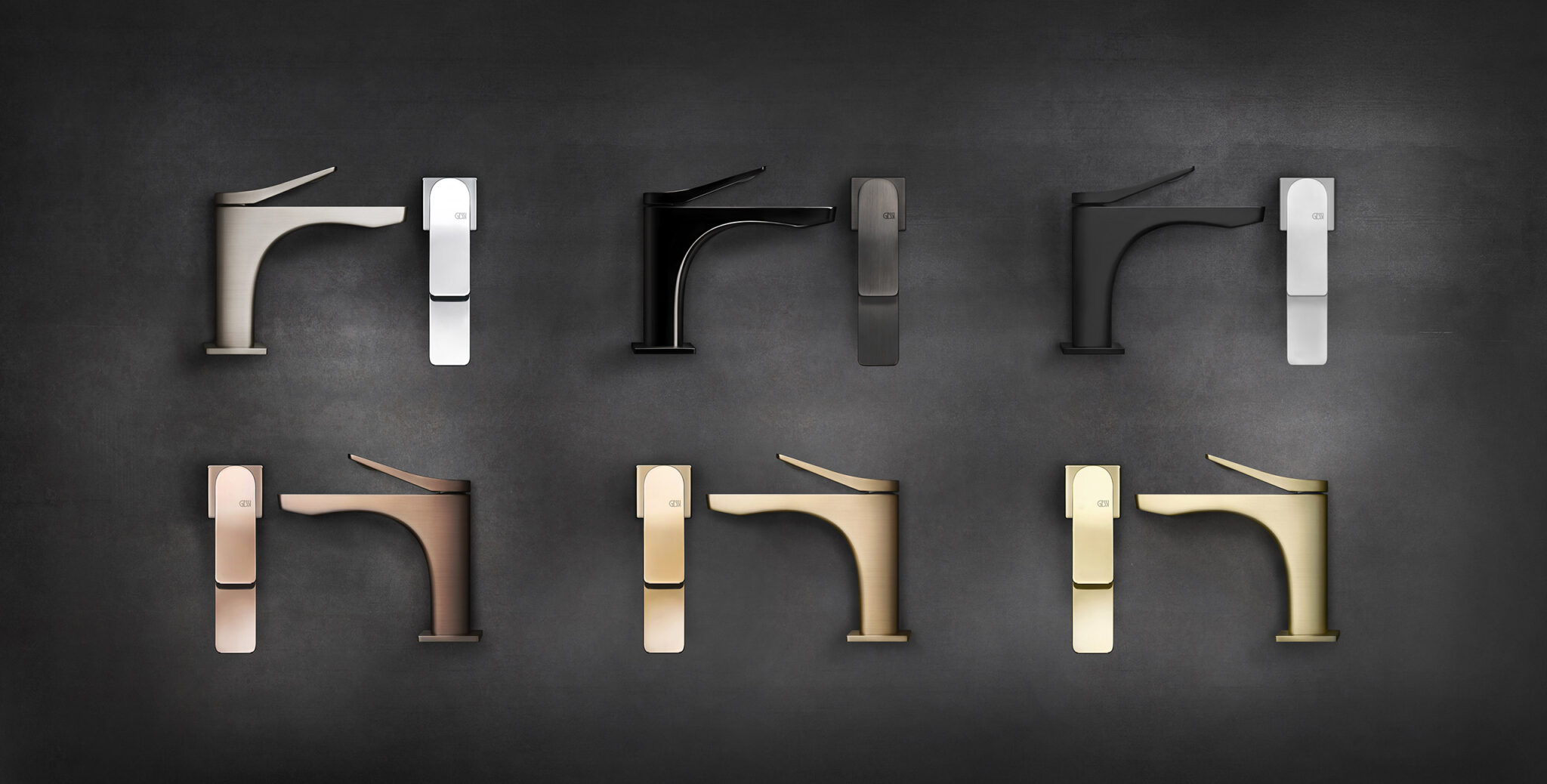 Overview of six sleek faucet designs are displayed against a dark background. They showcase various metallic finishes: silver, black, and gold, in a polished style.
