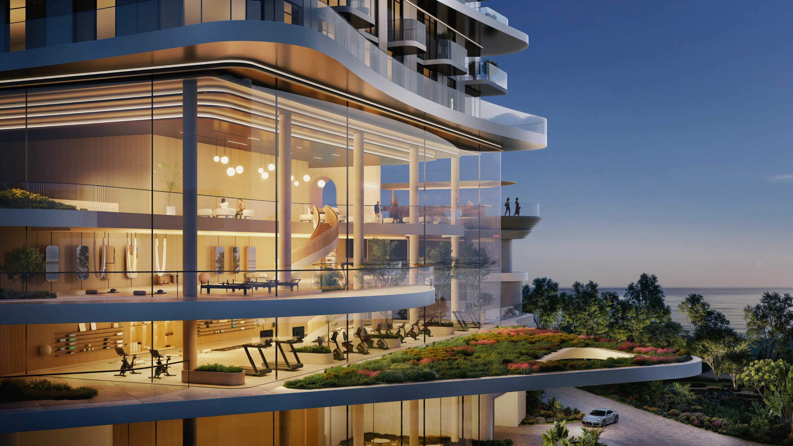 Modern building facade at dusk with large glass windows revealing a chic interior and gym. A vibrant rooftop garden adds color and tranquility.