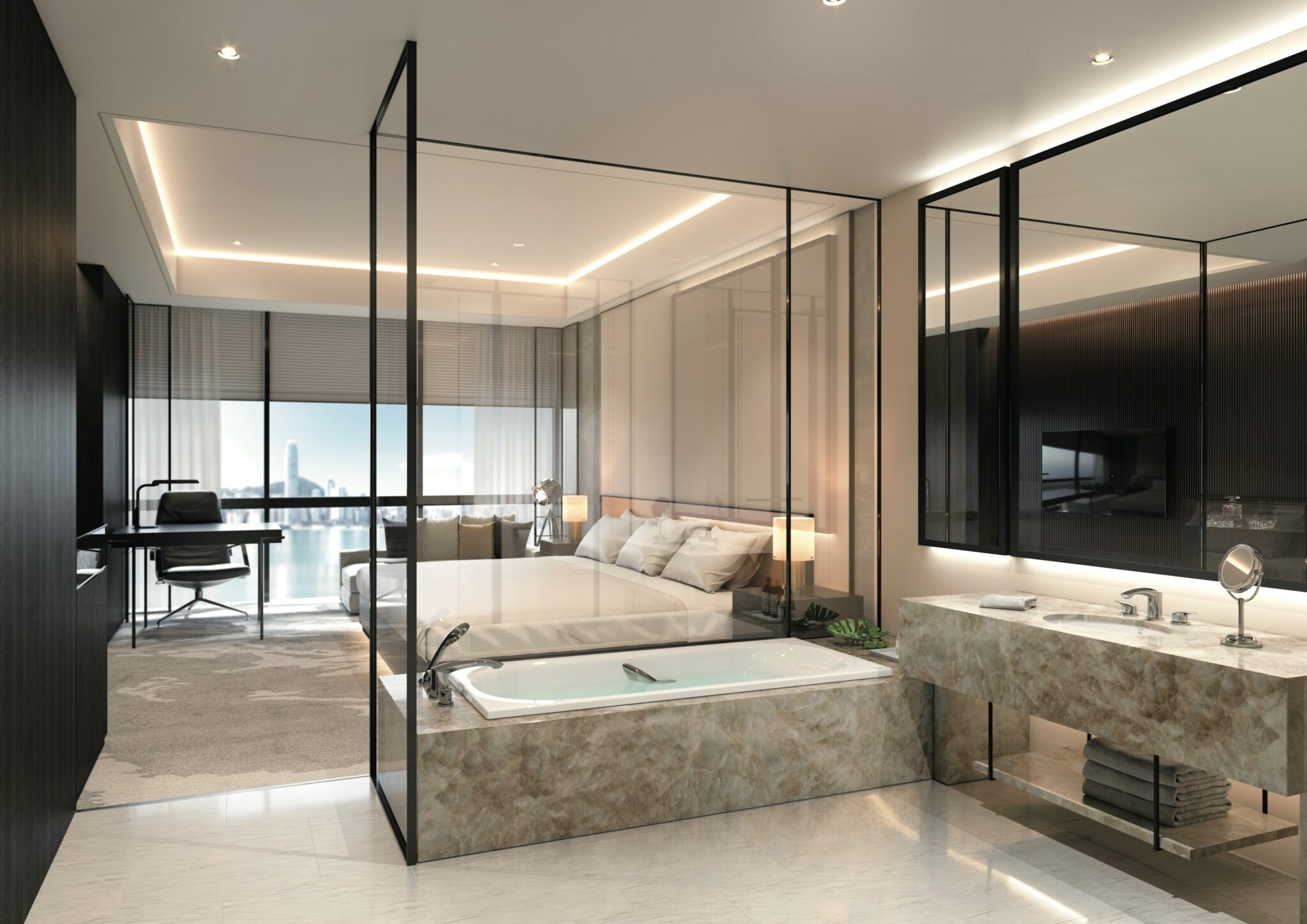 Modern hotel room with a glass-walled bath area beside a cozy bed, sleek desk with chair, and city skyline view. Luxurious and tranquil ambiance.