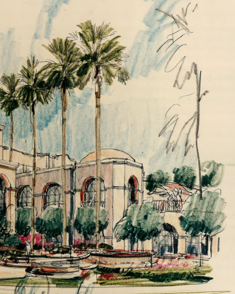 Sketch of the Beverly Hills Hotel, California, depicting a Mediterranean-style building with arches and domes, surrounded by tall palm trees and lush greenery under a partly cloudy sky.