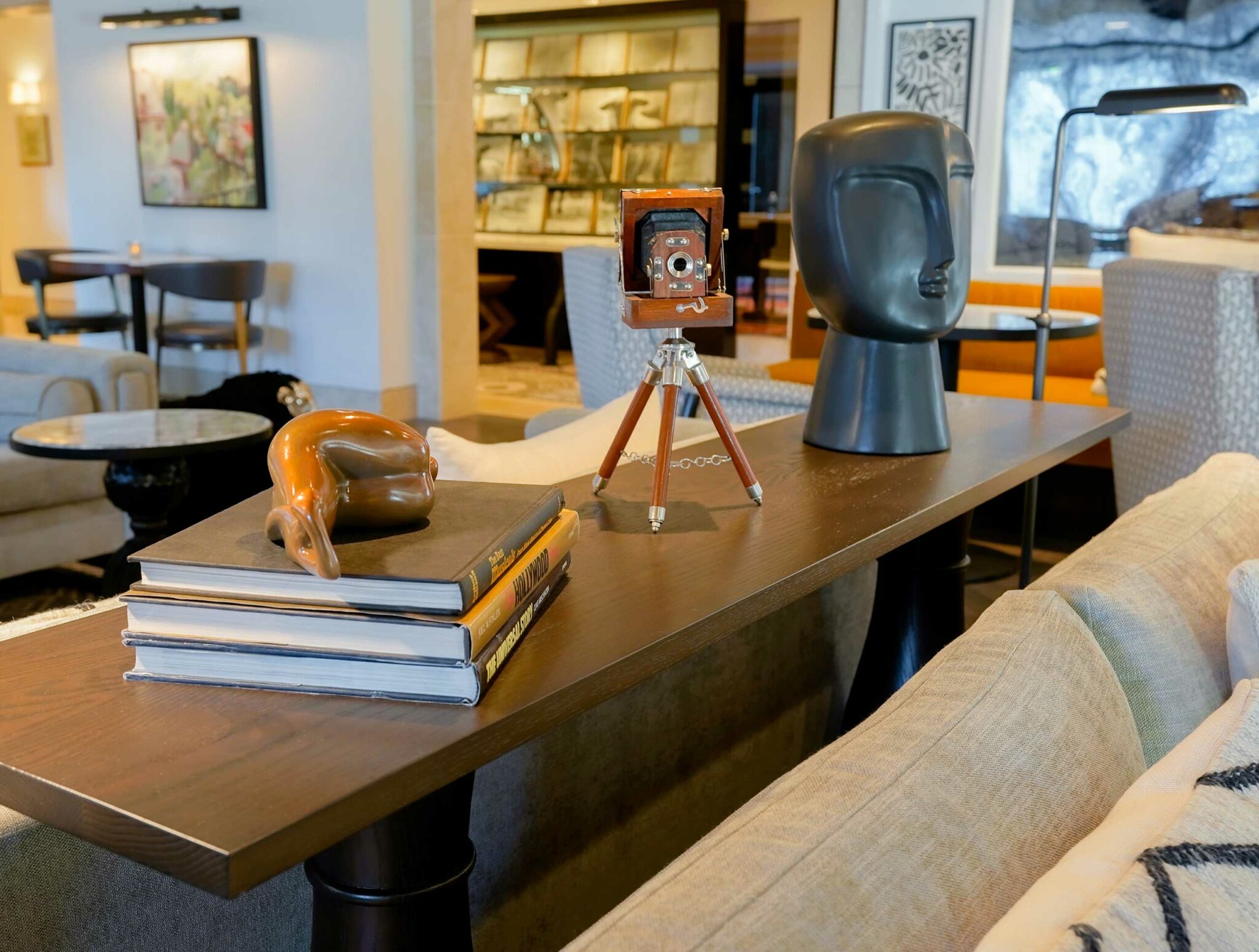A wooden table displays a classic camera on a tripod, a sleek black sculpture of a head, and books topped with a small, smooth brown sculpture. The setting is cozy and artistic.