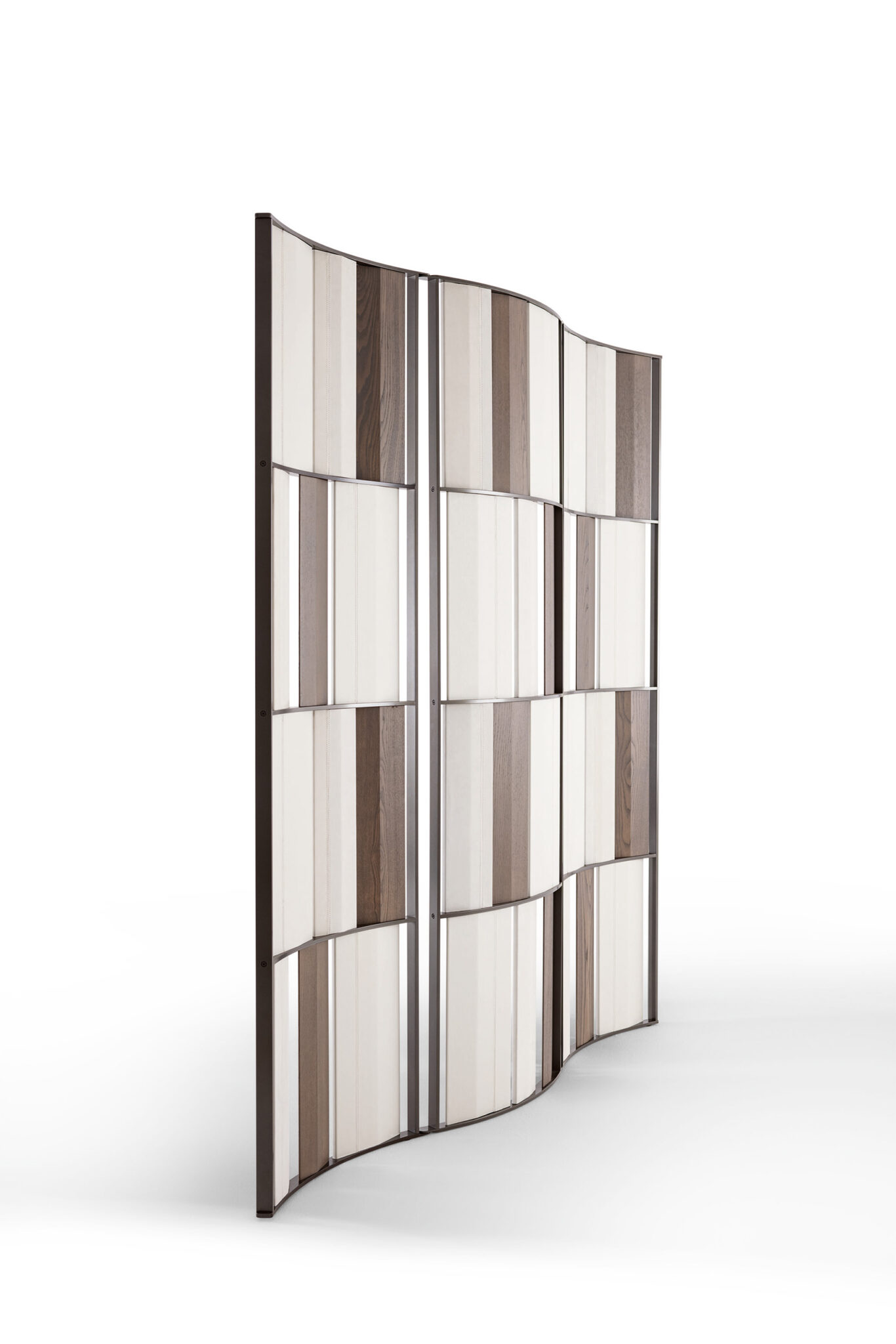 A three-panel room divider with vertical beige and brown panels arranged in an alternating pattern. The metal frame gives a modern, elegant look.