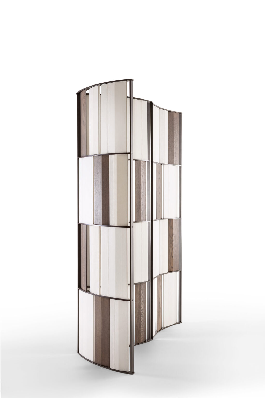 A three-panel room divider with vertical beige and brown panels arranged in an alternating pattern. The metal frame gives a modern, elegant look.