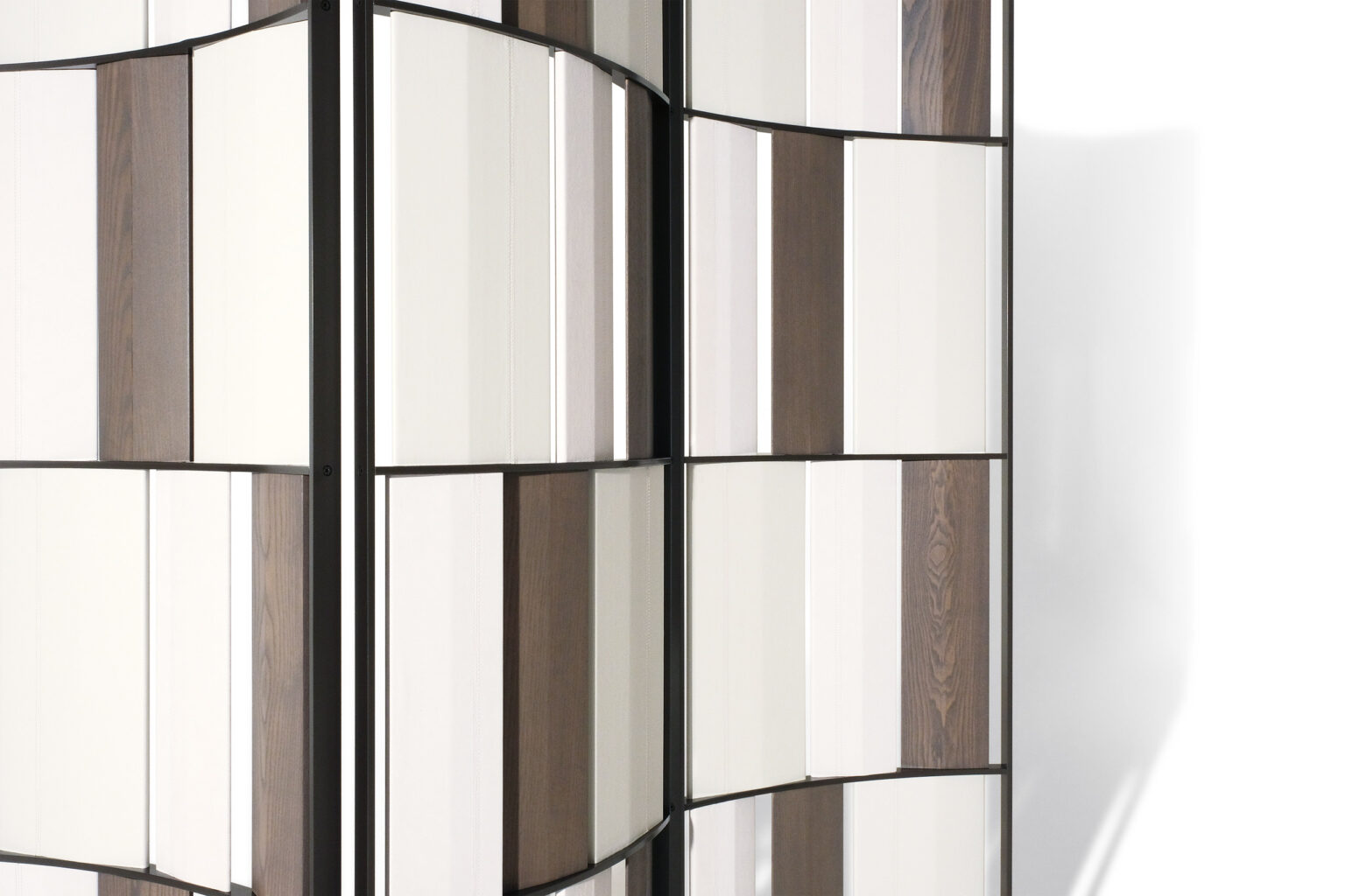 A three-panel room divider with vertical beige and brown panels arranged in an alternating pattern. The metal frame gives a modern, elegant look.