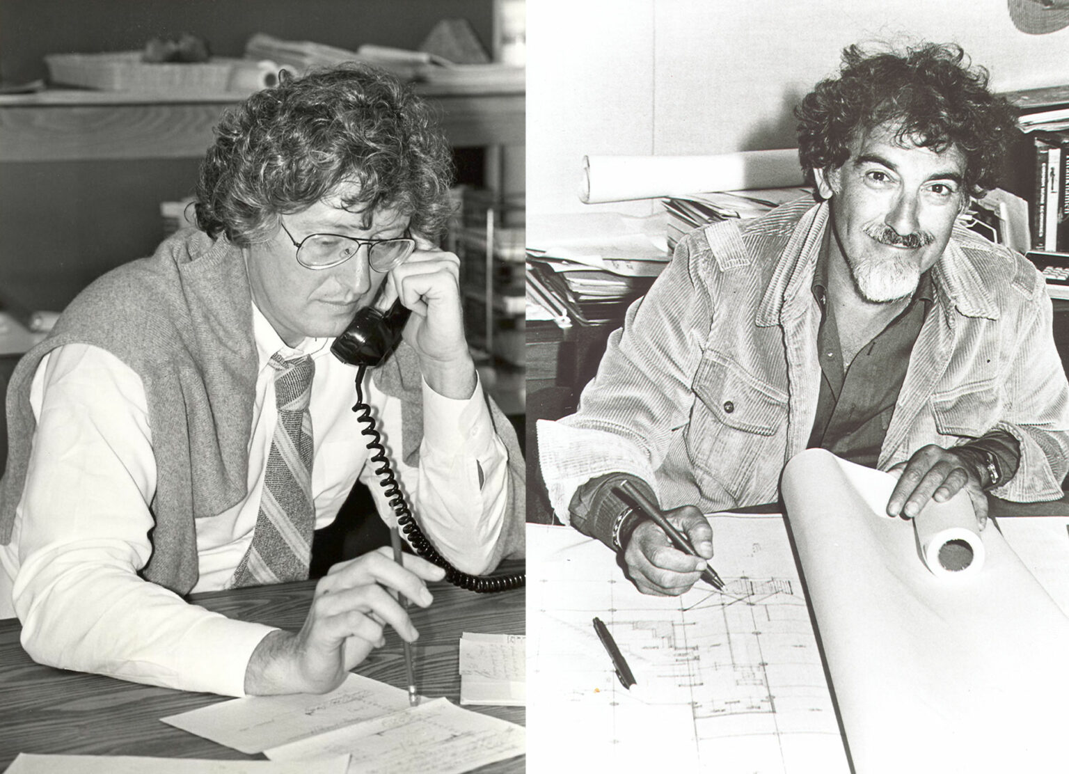 Young Michael Bedner and Howard Hirsch, working. Left: Michael Bedner, wearing glasses, on the phone and writing notes. Right: Howard Hirsch, wearing a corduroy jacket, sketching architectural plans, smiling.