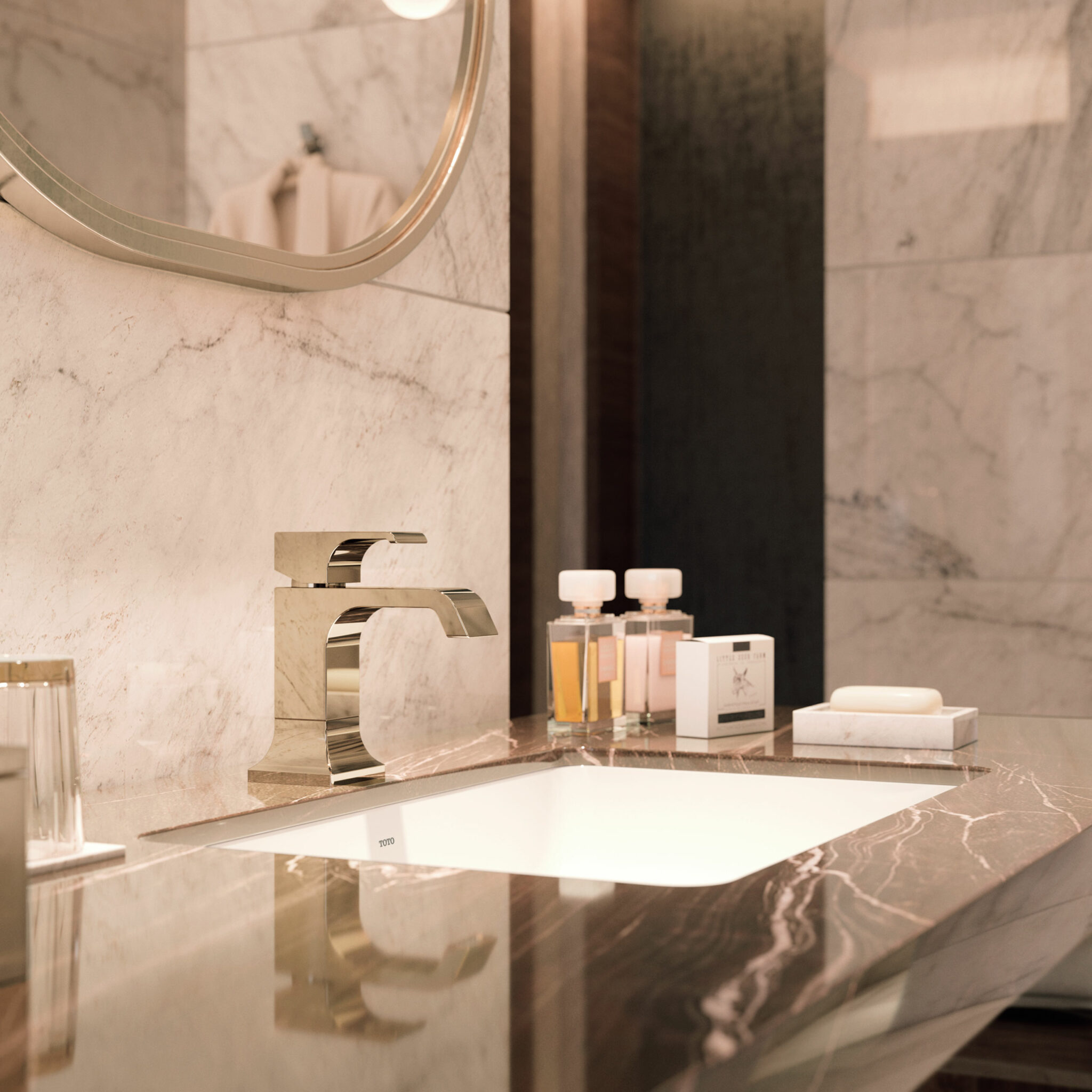 Luxurious bathroom sink with sleek gold faucet on marble countertop. Reflections surround toiletries, creating a serene, elegant ambience.