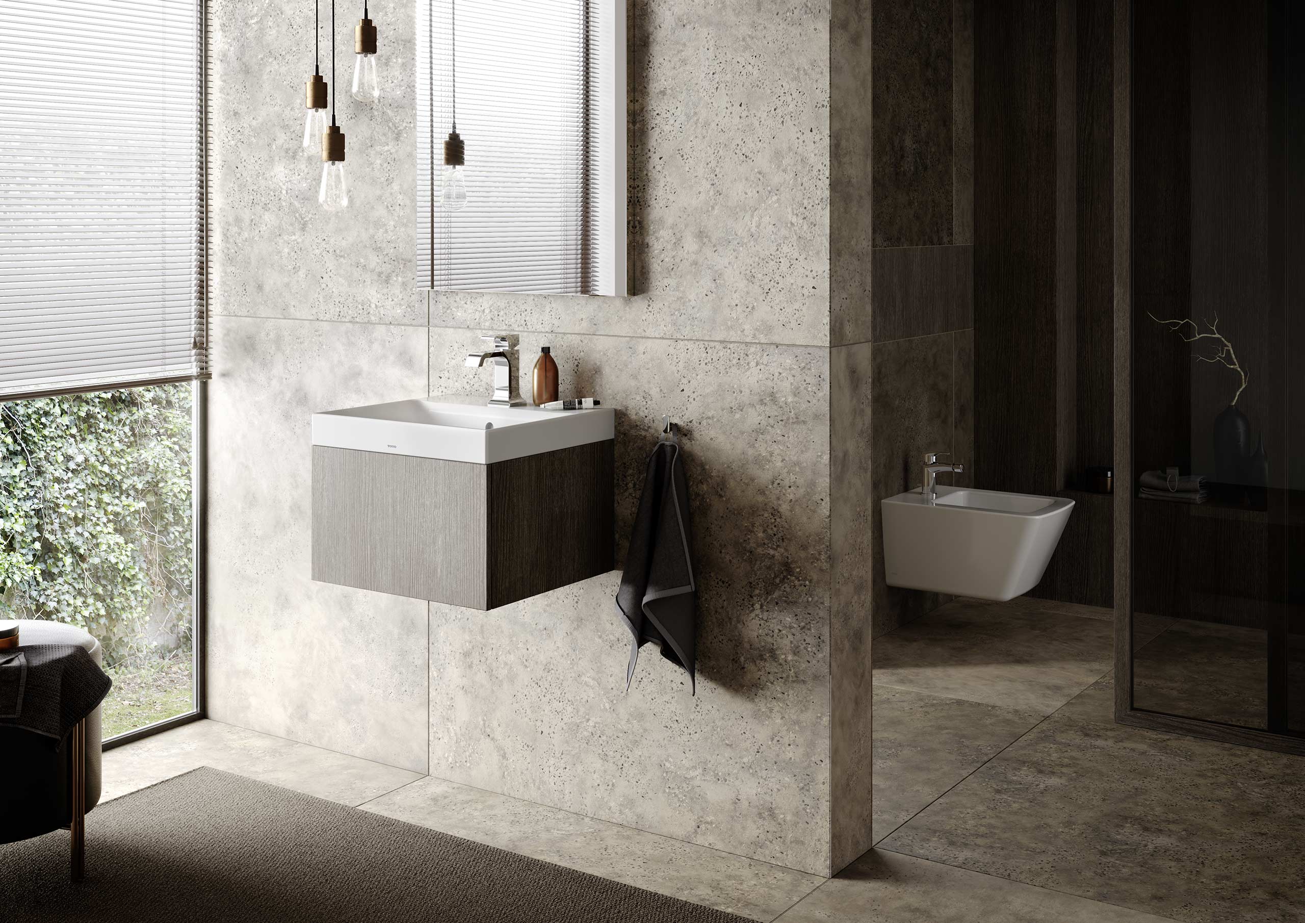 Modern bathroom with stone tile walls, a sleek sink with a wooden cabinet, and hanging lights. Large window with blinds, and a white toilet on the right.