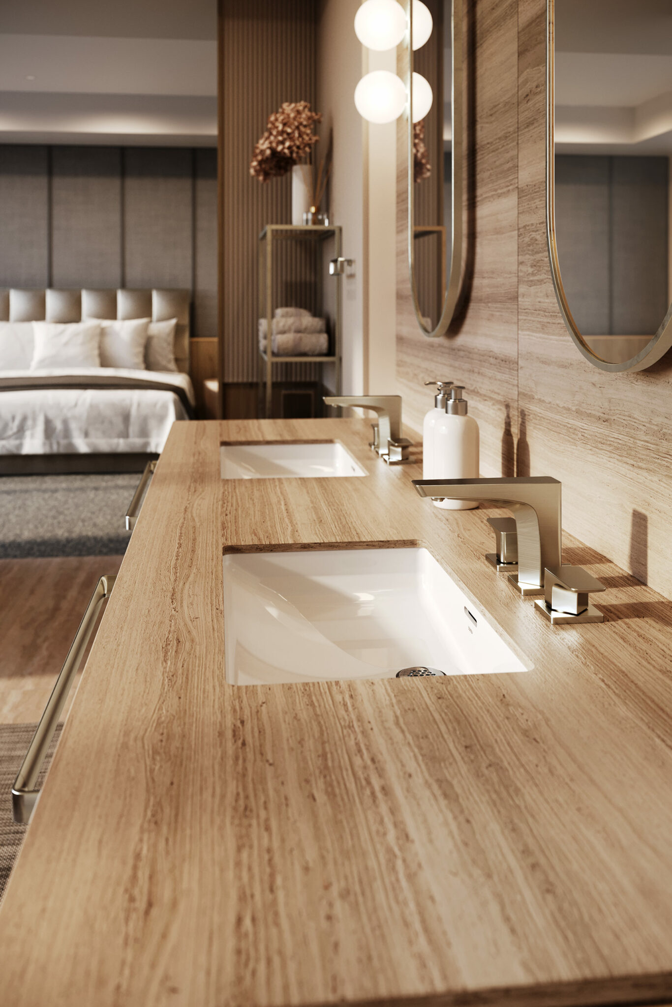 Modern bathroom with a light wood double vanity, chrome faucets, and oval mirrors. Towels and decor in the background create a warm, inviting atmosphere.
