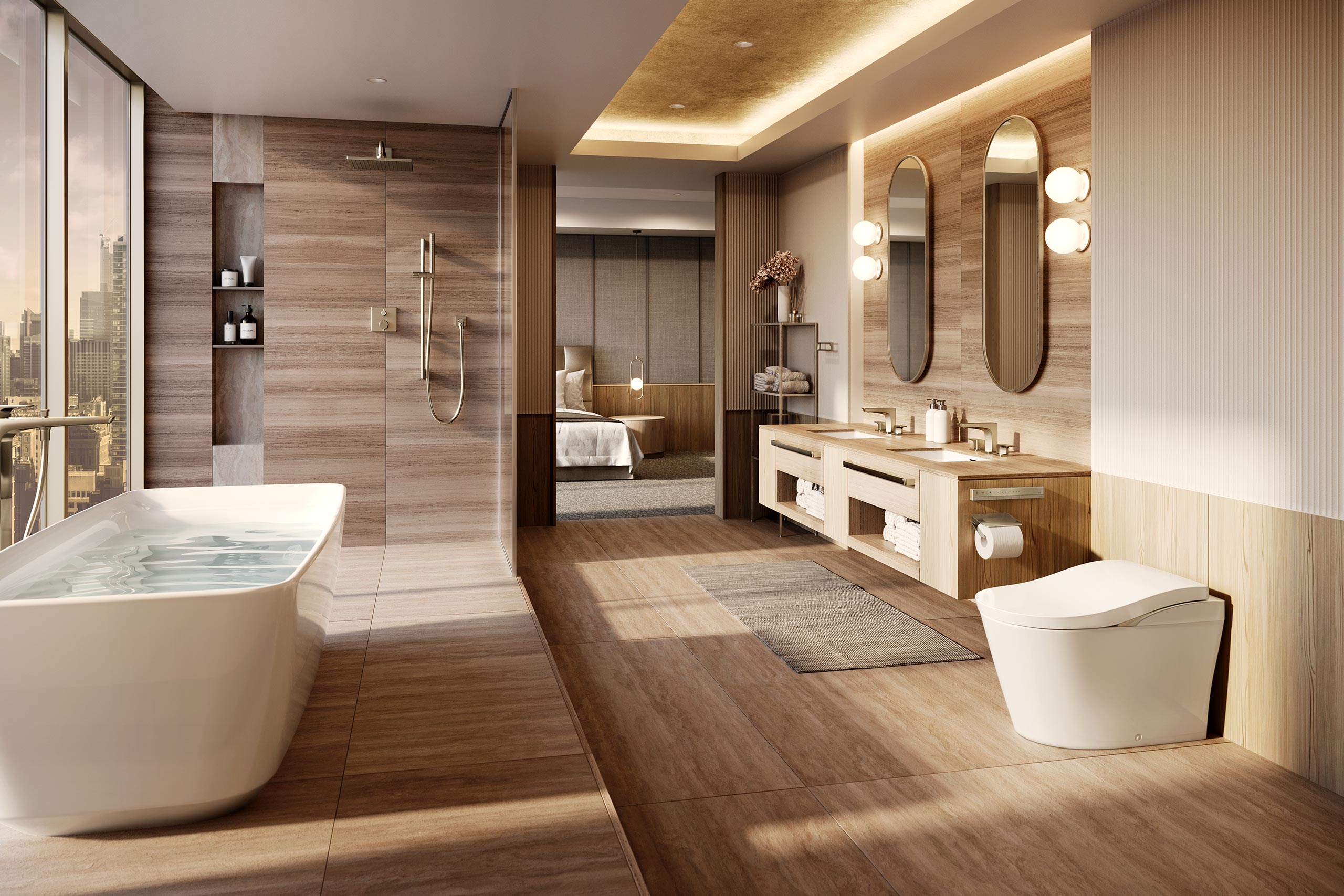 Luxurious modern bathroom with wooden accents, featuring a freestanding tub, walk-in shower, double vanity with oval mirrors, and an adjacent bedroom view.