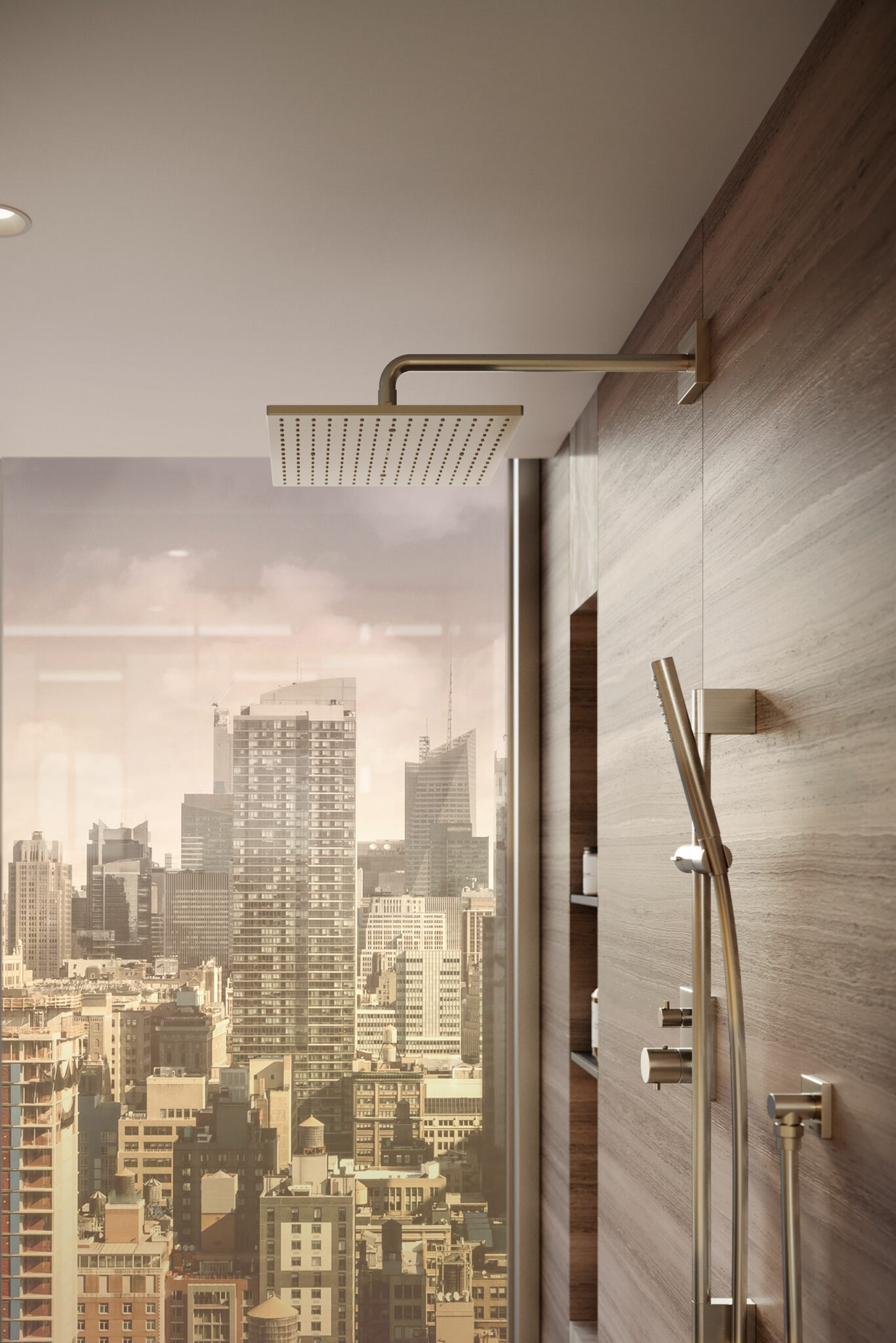 Modern bathroom with a large square showerhead, wooden paneling, and a large window showcasing a cityscape with tall buildings under a cloudy sky.
