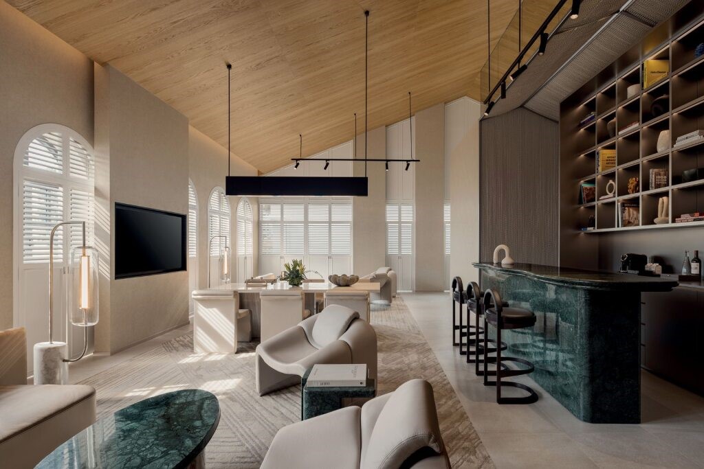 Modern living room with high ceilings and wooden elements. Includes sleek furniture, green marble bar, curved chairs, large windows, and soft lighting. Serene and stylish ambiance.