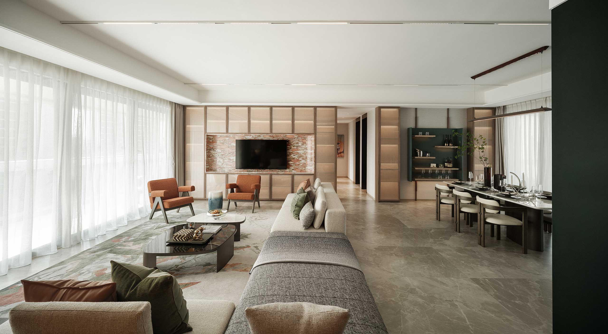 Modern living room with neutral tones, featuring a large L-shaped sofa, coffee table, TV, and dining area. Floor-to-ceiling windows let in natural light.