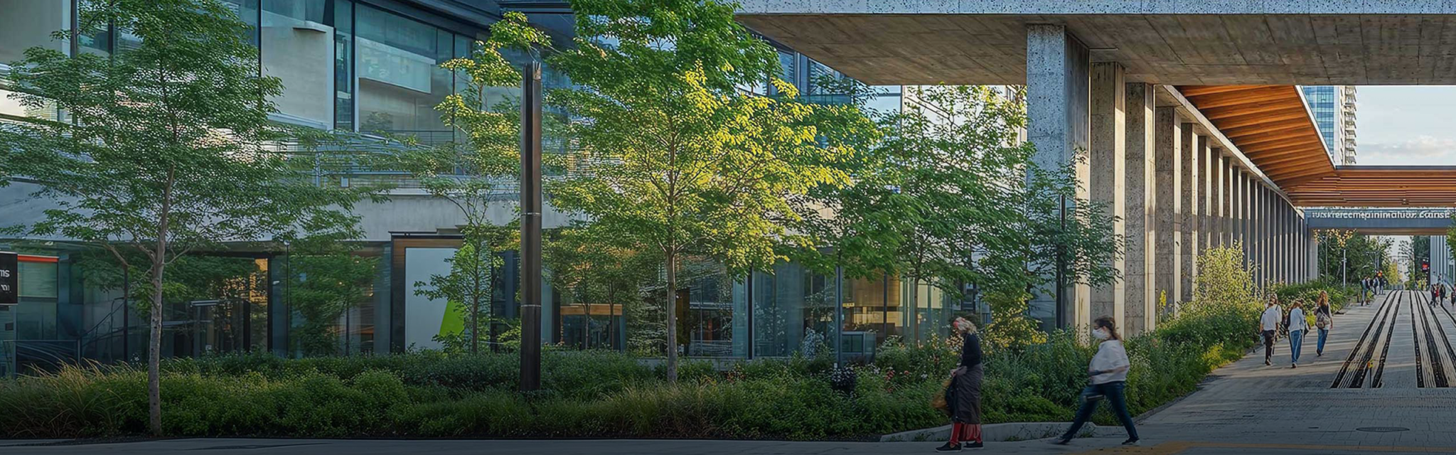 Modern urban architecture with glass buildings, green trees, and people walking on a pathway. The scene feels open, vibrant, and lively.