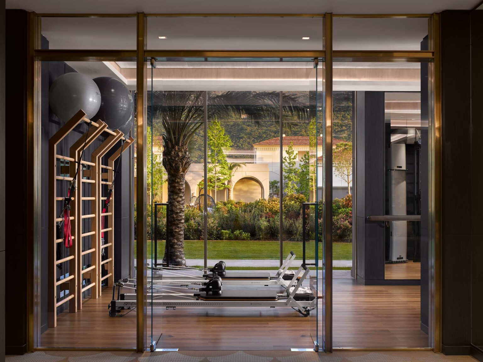 Modern home gym with exercise equipment and balance balls, featuring large windows overlooking a garden with palm trees and a building in the background.