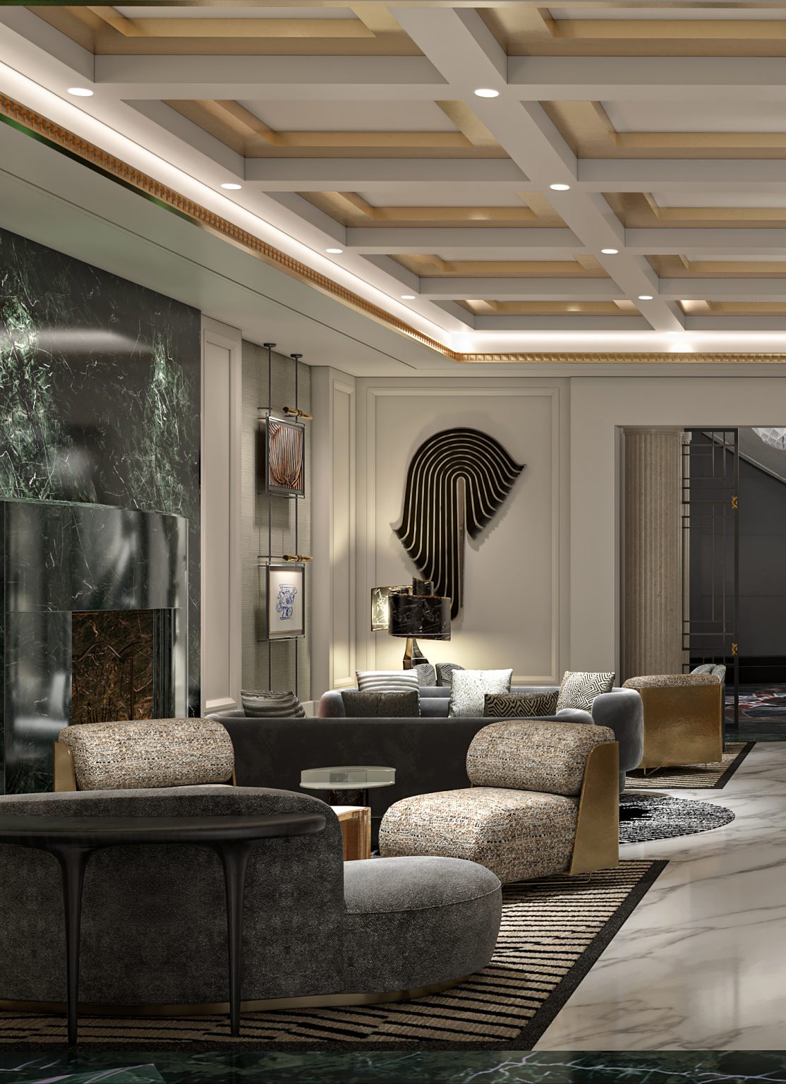 A luxurious lounge with patterned upholstery and curated artwork is arranged under a coffered ceiling and marble fireplace.