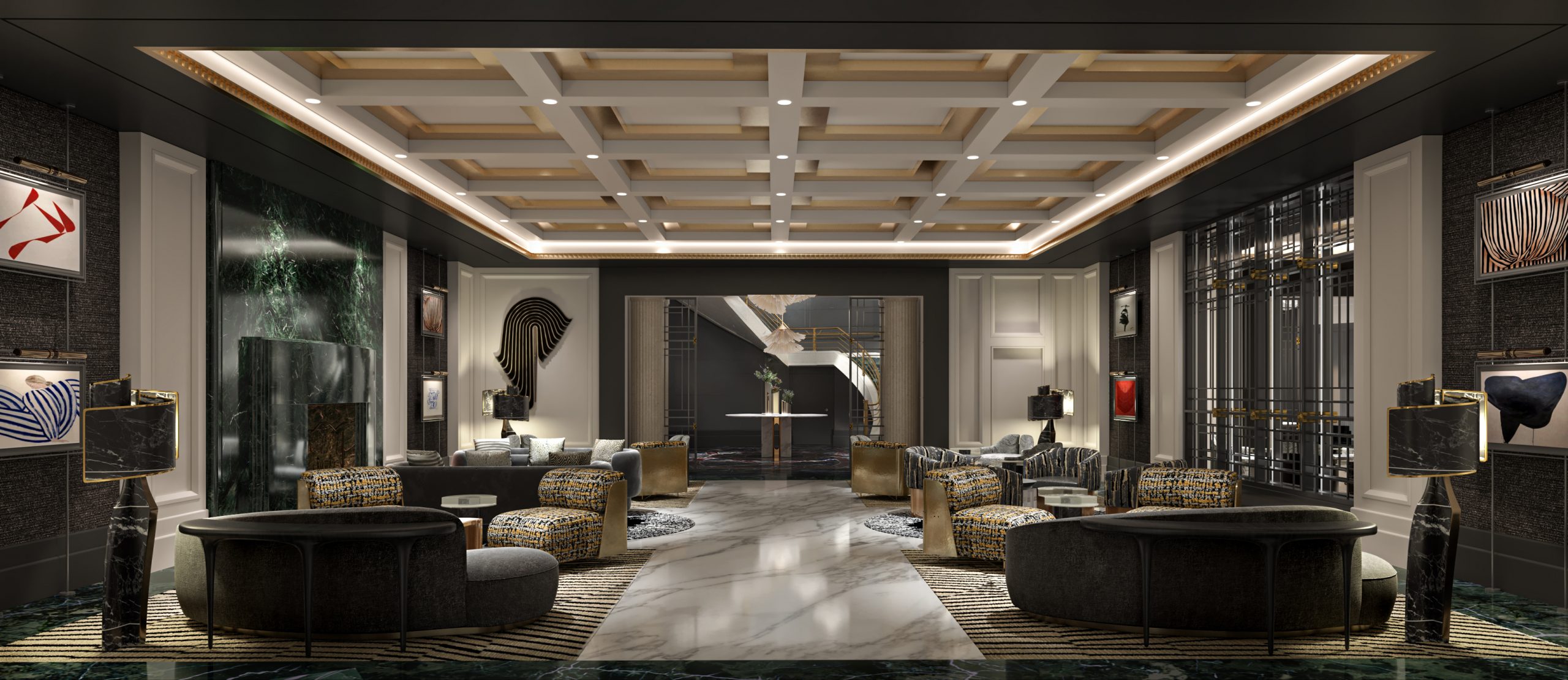 Elegant modern lounge with patterned armchairs around a central low table on a circular patterned rug. Earth tones and soft lighting create a cozy ambiance.