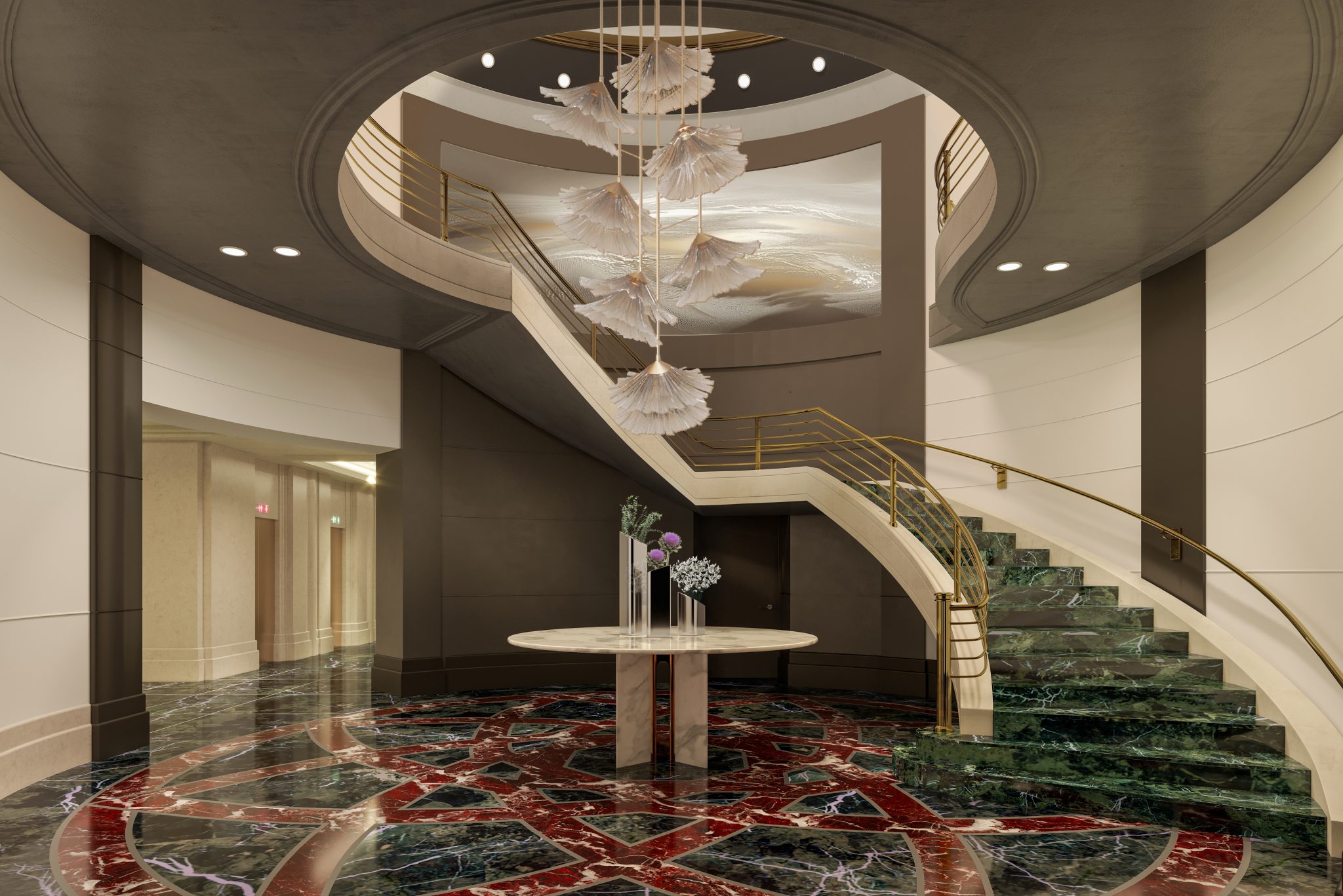 A sweeping staircase with green marble steps and golden railings rises beneath sculptural pendant lights and a dramatic marble floor inlay.