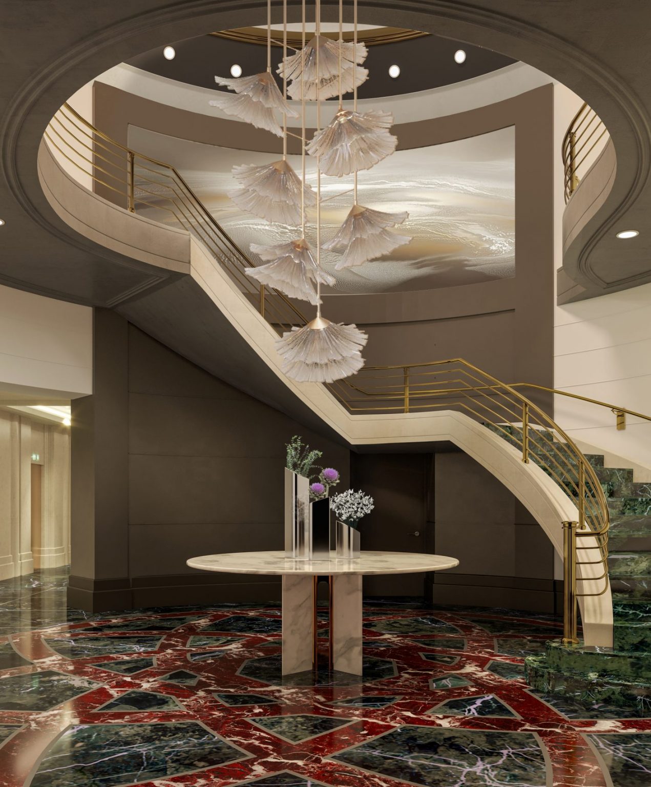 A sweeping staircase with green marble steps and golden railings rises beneath sculptural pendant lights and a dramatic marble floor inlay.